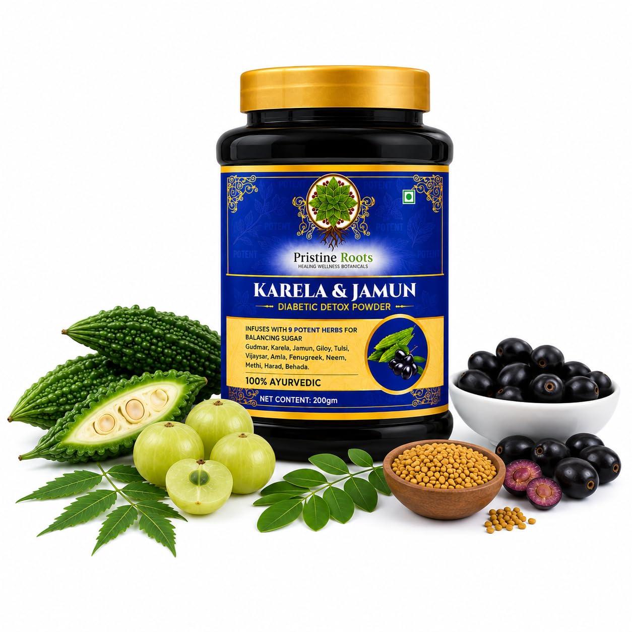 Pristine Roots Karela and Jamun Powder 200g | Bitter Gourd & Jamun Seed Powder | 100% Natural | Blood Sugar Support