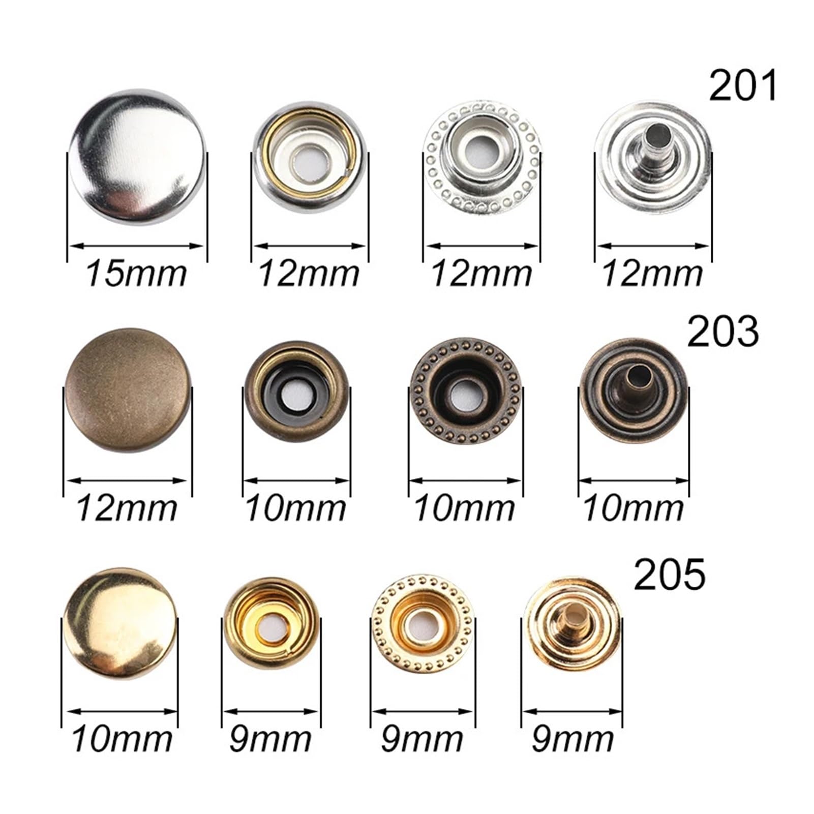 Kit de Sujetadores de Cuero a presión tamaño Inferior 9mm/10mm/12mm Botones de Metal broches de presión broches de Cuero for Ropa(Dark Grey 201)