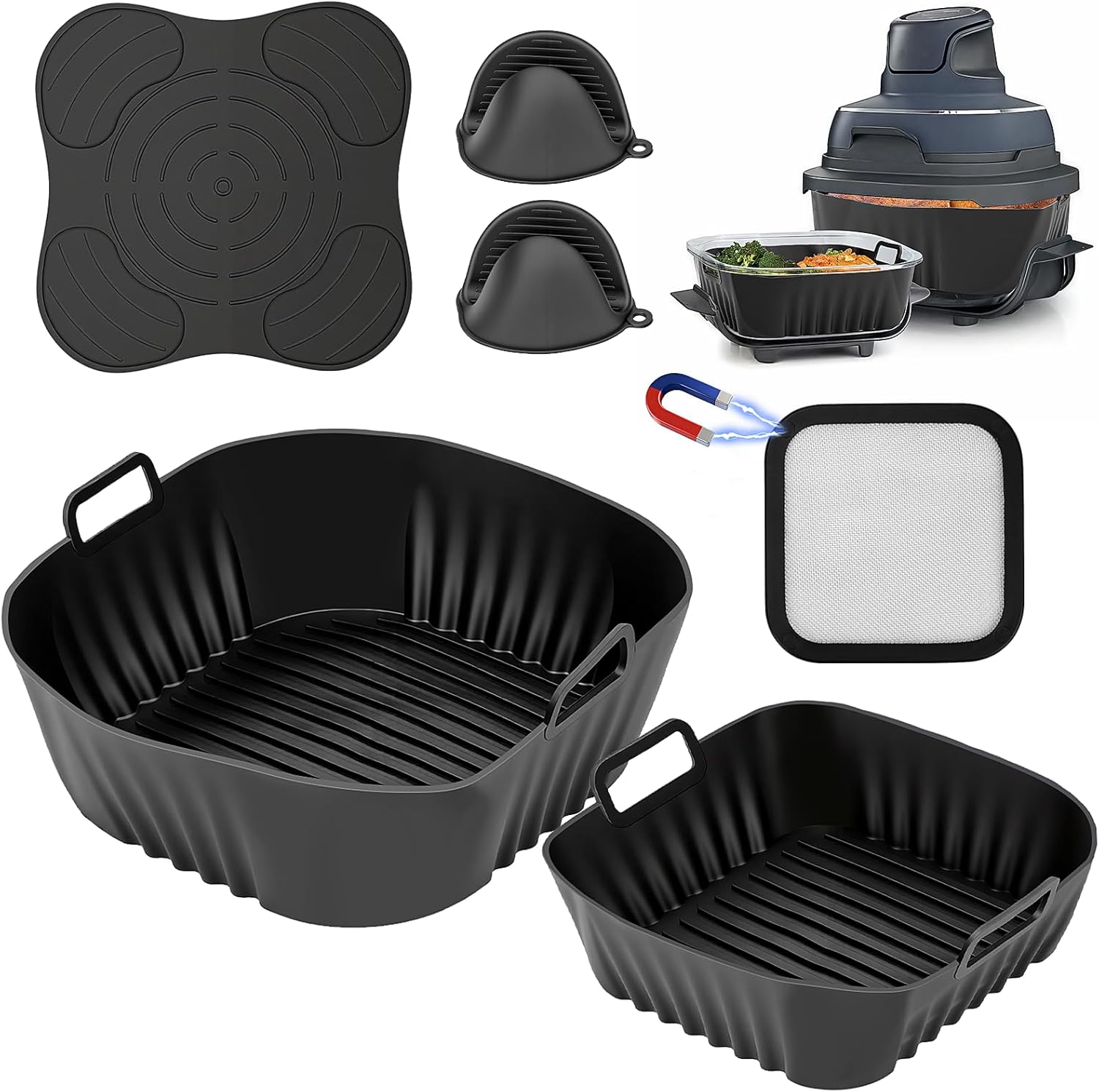 6 Pcs Air Fryer Accessories for Ninja Crisp FN101-2 Silicone Liners for 4 QT & 6 Cups Glass Container, Air Fryer Trivets Silicone and Splatter Shield, Gloves, Reusable Air Fryer Replacement Parts