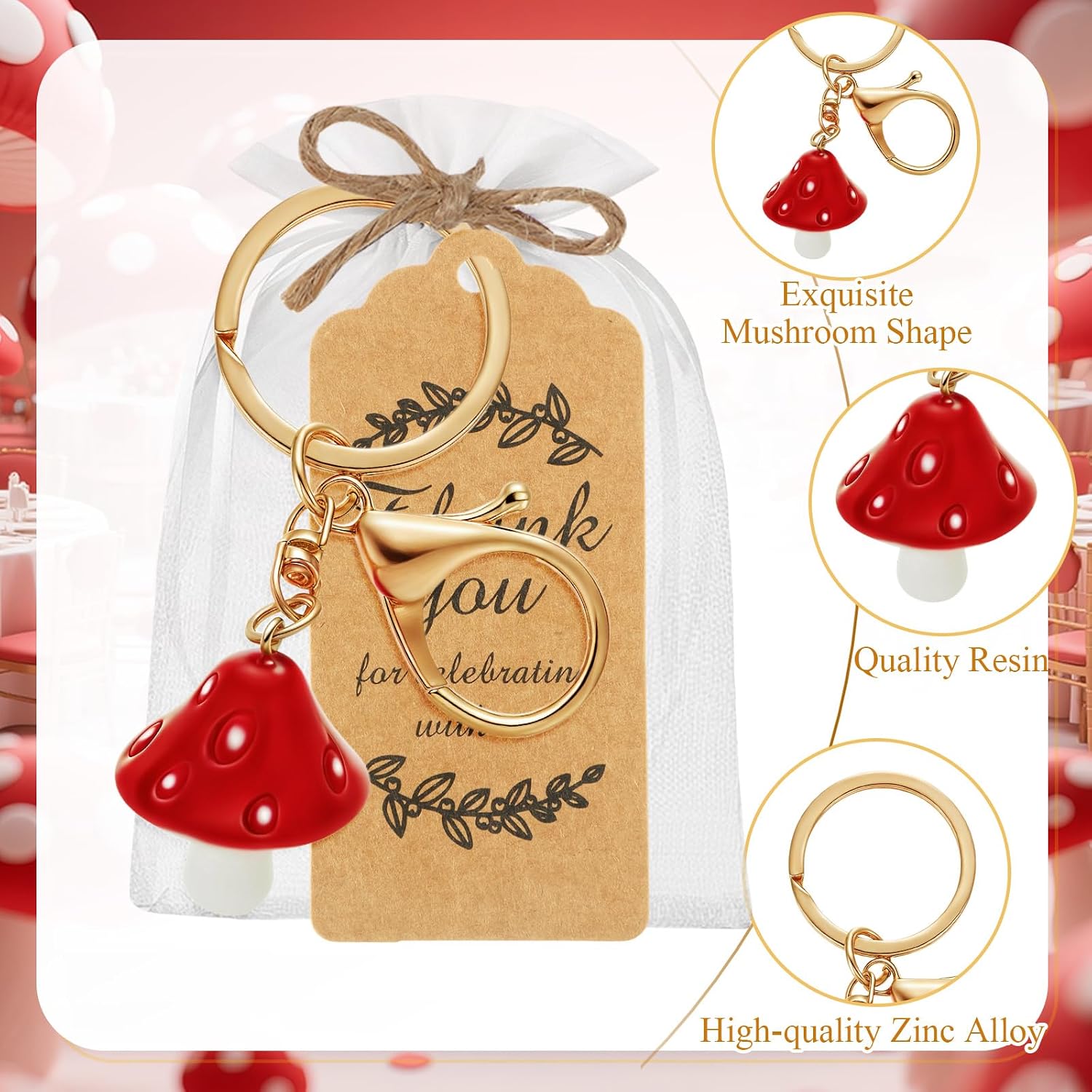 Ecation 20 Set Mushroom Keychain Party Favors Set Keyring with Kraft Tags Organza Bag for Guests Souvenir Baby Shower Wedding