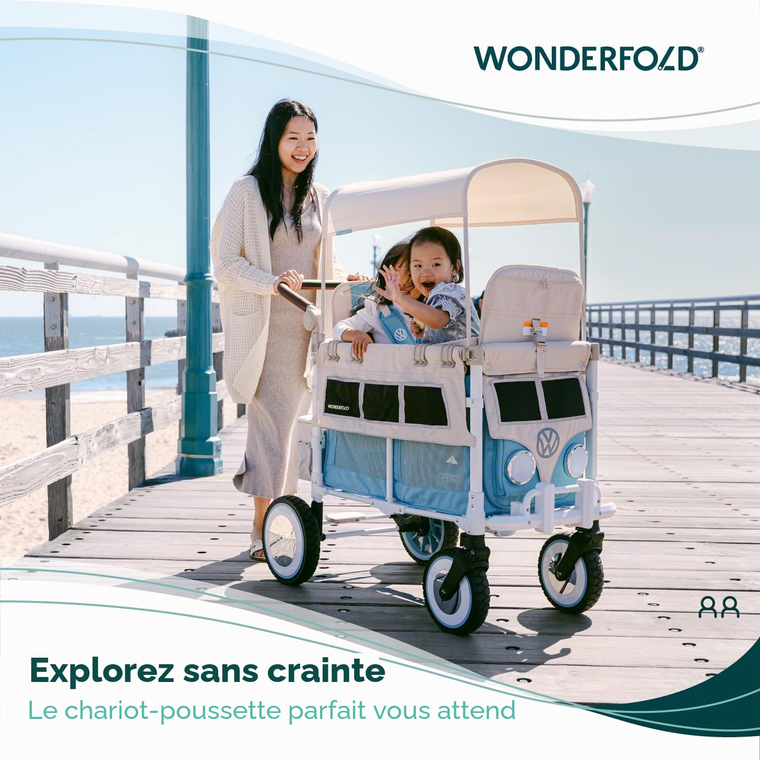 WonderFold VW 2 Volkswagen - Chariot pliable pour enfant (2 places) - Chariot de qualité supérieure pour enfants avec pare-chocs VW, phares fonctionnels et roues XL tout-terrain - Vert sauge