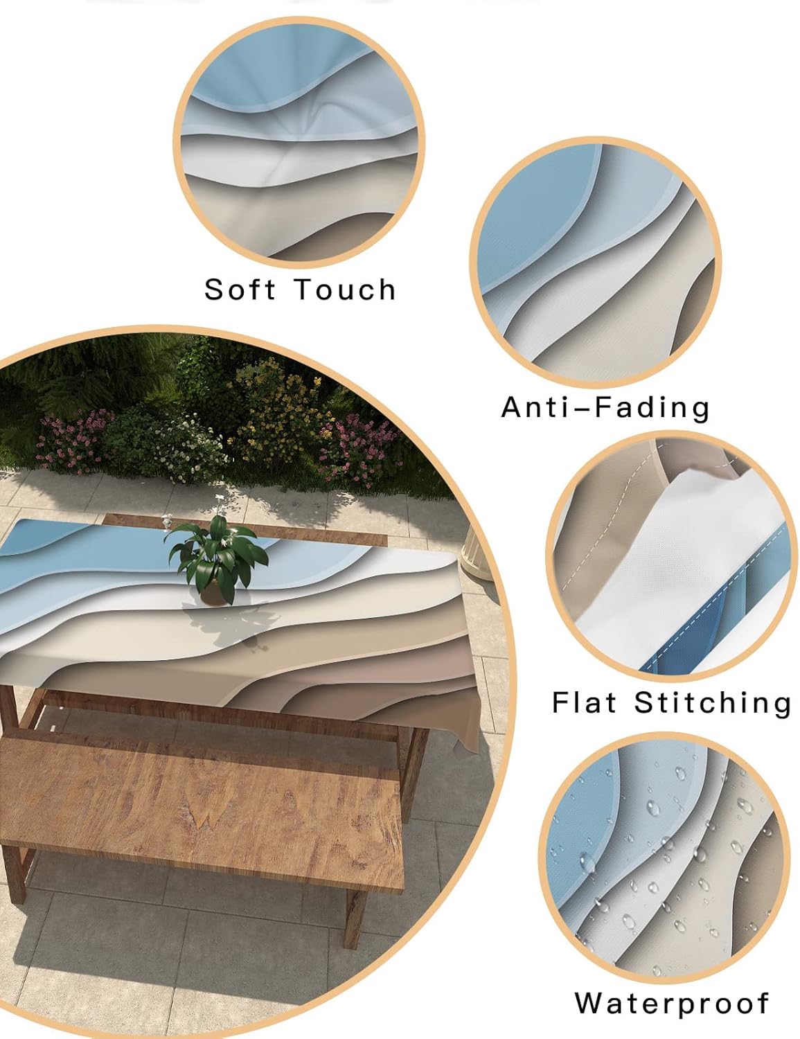 Rectangle Tablecloth Waterproof Spillproof Table Cloths,Modern Abstract Wave Lines Wipeable Table Cover for Kitchen Dining Camping Indoor Outdoor Tables 52" x 70",Ombre Blue White Brown Color Block