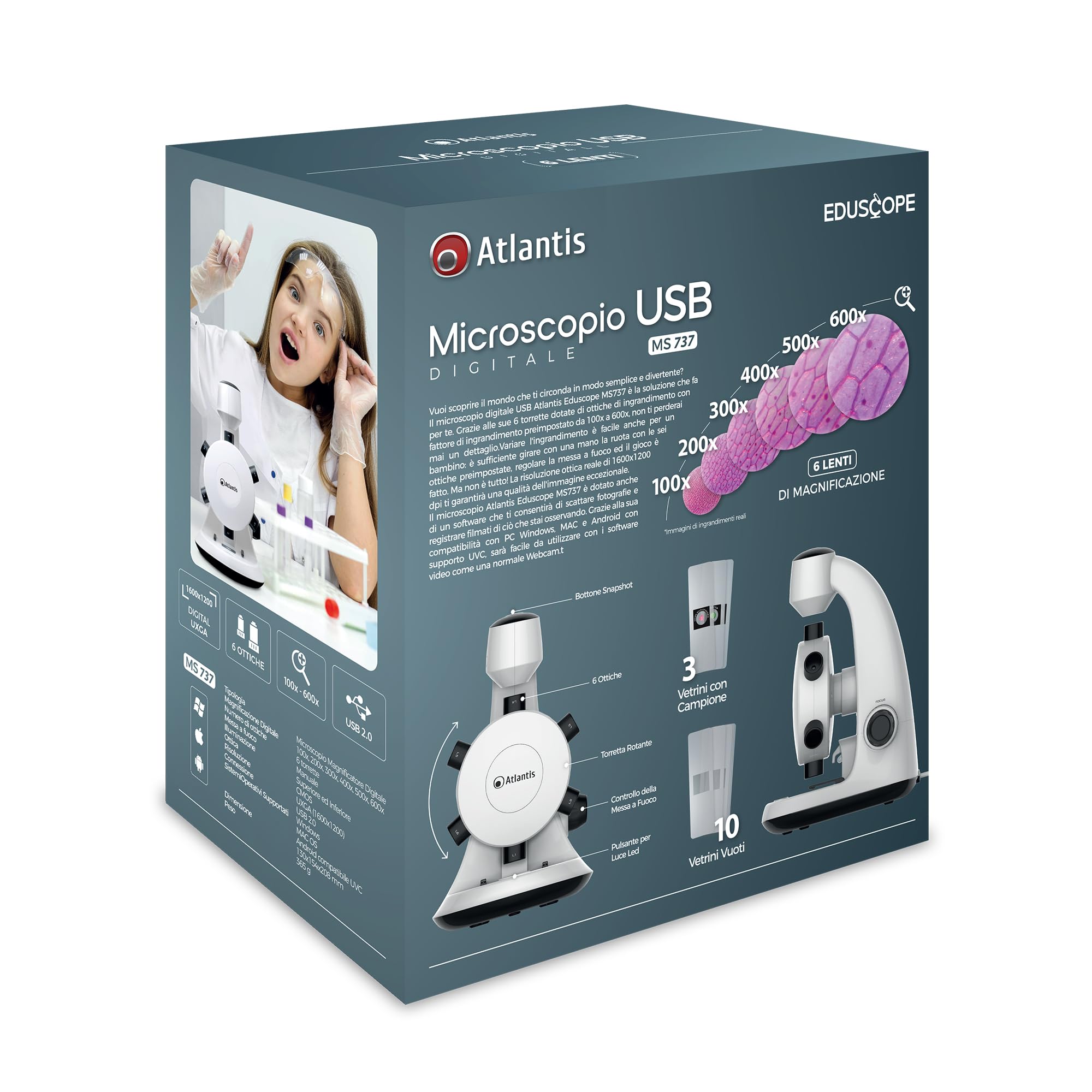 Microscopio Digitale USB Atlantis E45-MS737. Risoluzione UXGA 1600x1200. 6 ottiche di ingrandimento preimpostato da 100x a 600x. Messa a fuoco, Illuminazione superiore ed inferiore. PC, MAC e Android