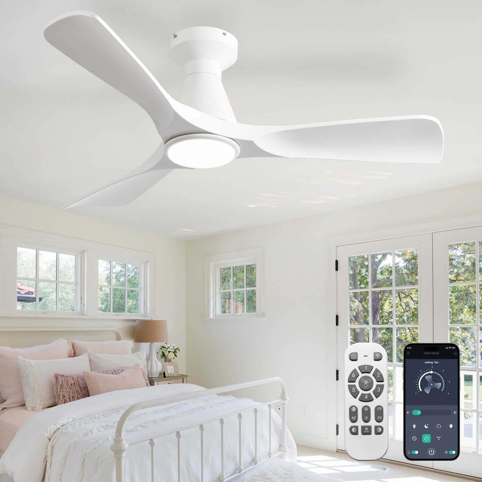 Depuley Ceiling Fans with Lights and Remote: Flush Mount Low Profile Ceiling Fan for Bedroom - Dimmable Indoor Outdoor Fan with APP Control White Timer