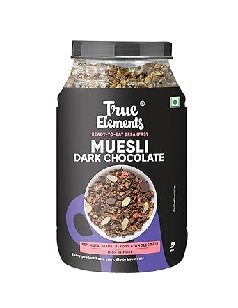 True Elements Dark Chocolate Muesli 1kg | Nuts & Berries Muesli | 13g Clean Protein | 13% Millet | Cereal for Breakfast | Gluten Free Breakfast - image, photos