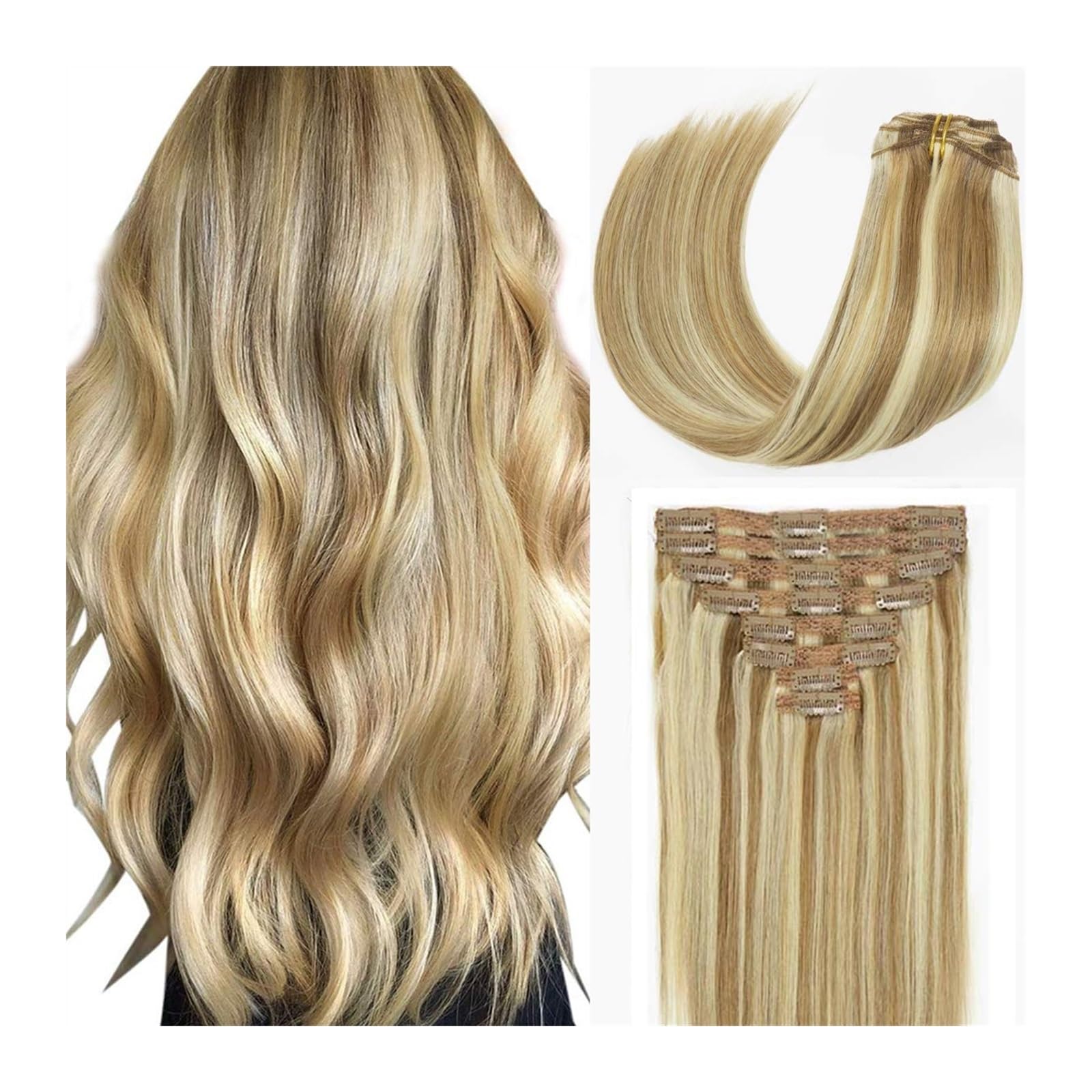 Clip in Przedłużanie włosów 8 szt. Ludzkich włosów doczepianych Clip in, 100% ludzkich włosów Jasnobrązowy z podświetleniem Platynowy blond 120G Pełna główka Jedwabiście proste doczepiane klipsy #P8/6