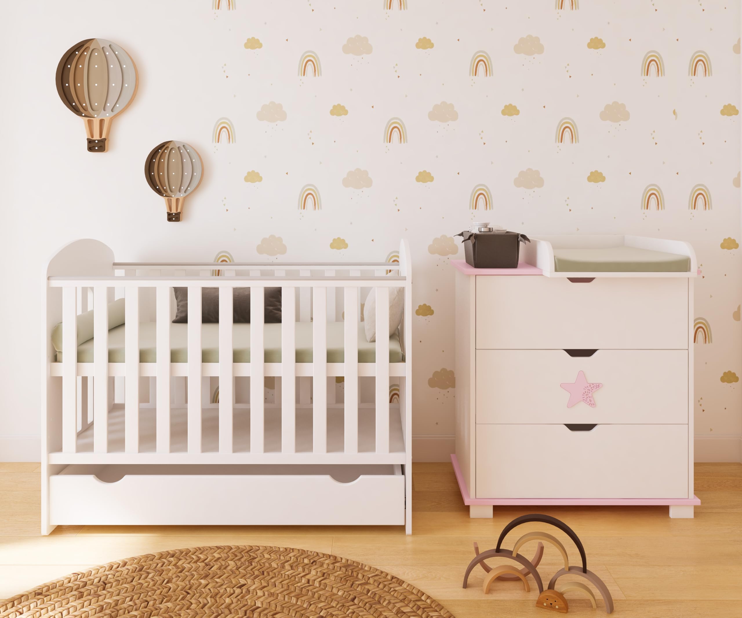 zee Star Cómoda Cambiador Bebé Blanca 83 x 87 x 49 cm con 3 Cajones y Cambiador Desmontable, Mueble Infantil Estilo Escandinavo, Star Rosa