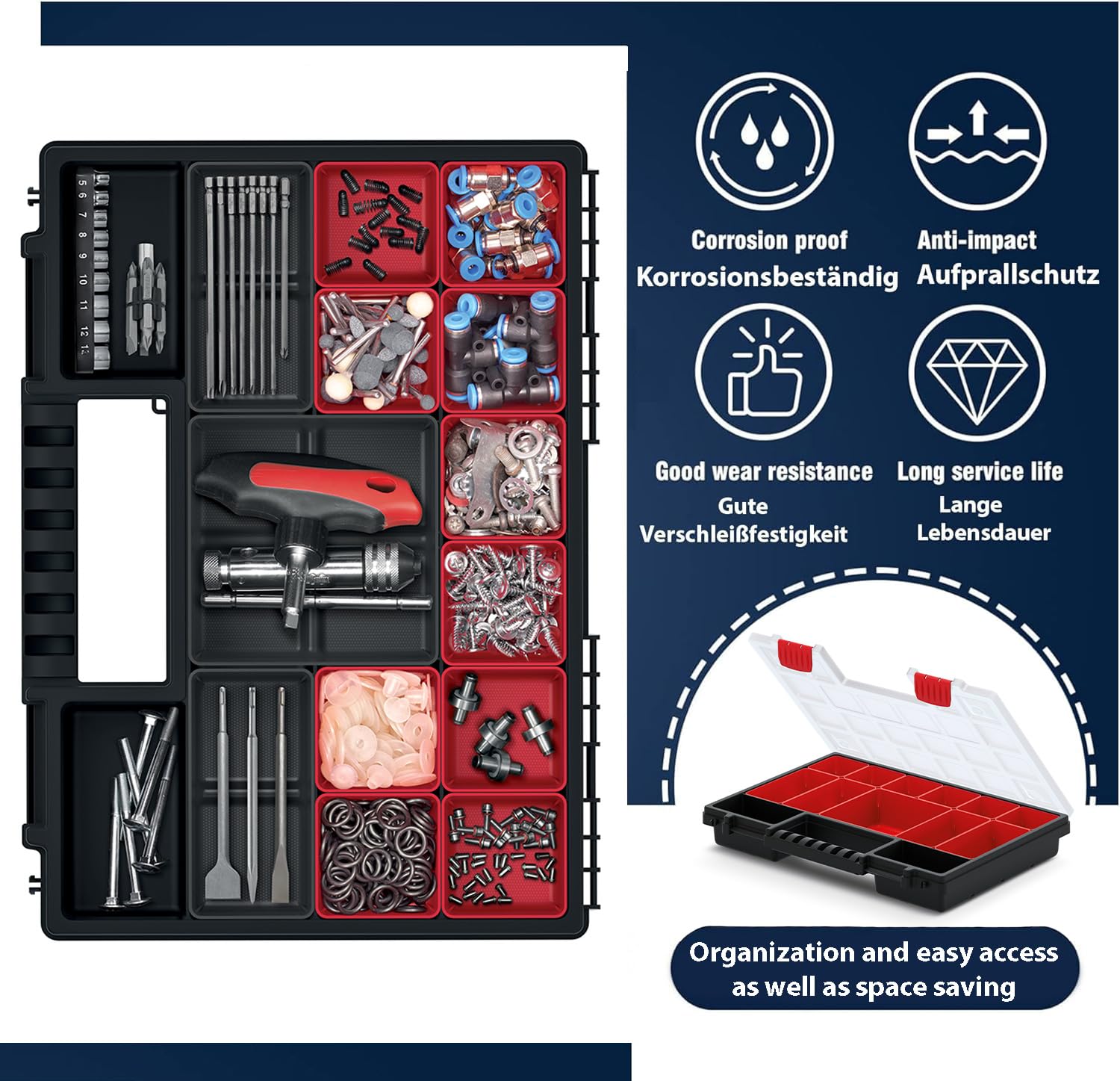 Caja organizadora con compartimentos rojos extraíbles, ideal para piezas pequeñas, herramientas y organización de plástico (juego de 6 unidades) 35 cm