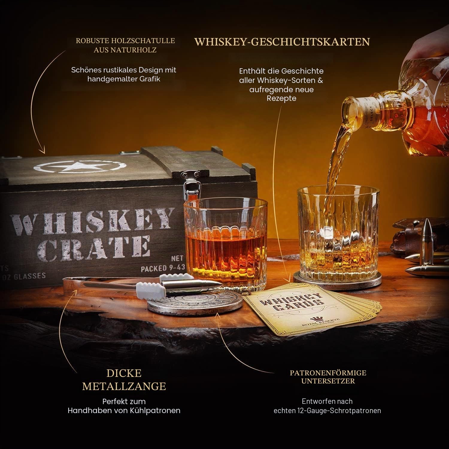 Whisky Geschenkset – Whiskey Gläser, Kugeln Steine und Untersetzer, Eiszange, Holzkiste, Geschichts- und Rezeptkarten – Zubehör Set, Geschenk für Männer, Ehemann, von Royal Reserve | Wiederverwendbare Eis-Alternative Kühler mit Untersetzern & Holzkiste -