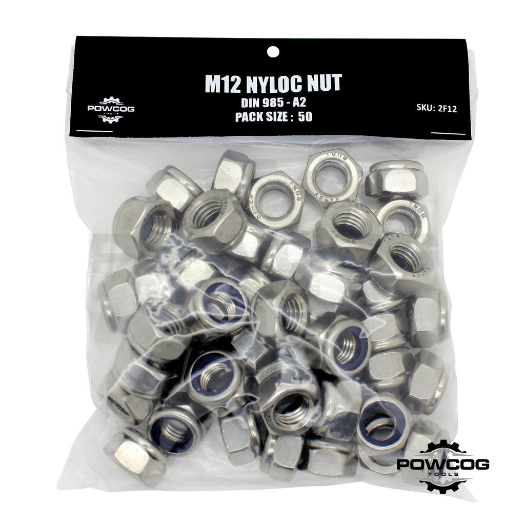 M12 NYLOC NUT - A2 Stainless Steel Lock Nuts Grade 304 Metric - DIN 985 - by POWCOG® - Pack of 50