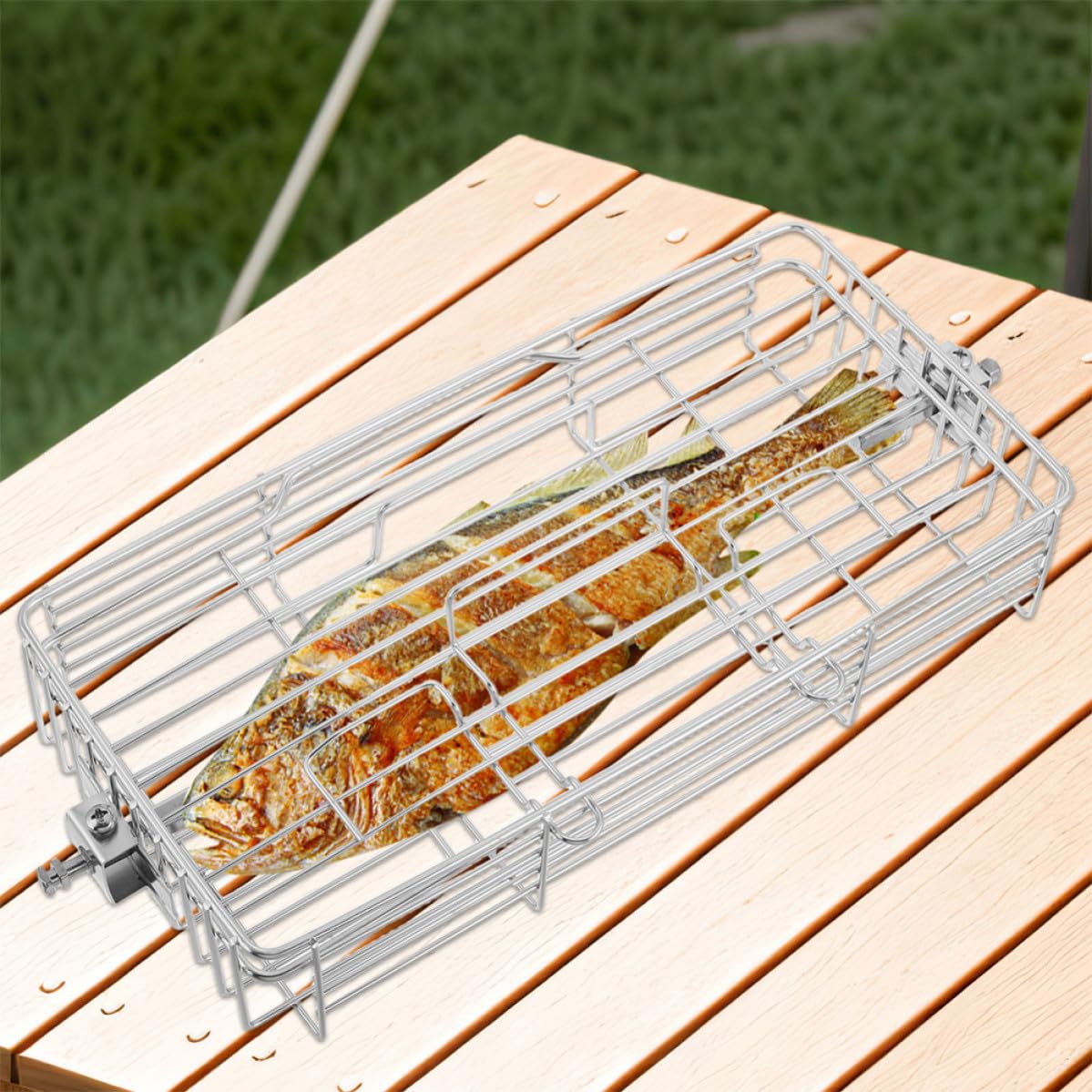 jojofuny Cestello Rotante per Grigliare, Cestello Barbecue per Pesce e Frutti di Mare, Acciaio Inossidabile, Regolabile, Argento, per Bbq All'aperto e Picnic