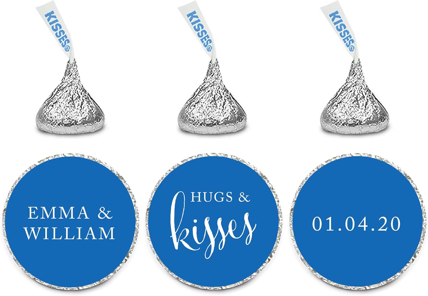Andaz Press Personalized Wedding Chocolate Drop Label Stickers, Hugs and Kisses, Royal Blue, 216-Pack, Personalized Kisses Stickers for Engagement Bridal Shower Rehearsal Dinner Favors