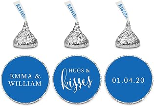 Andaz Press Personalized Wedding Chocolate Drop Label Stickers, Hugs and Kisses, Royal Blue, 216-Pack, Personalized Kisses Stickers for Engagement Bridal Shower Rehearsal Dinner Favors