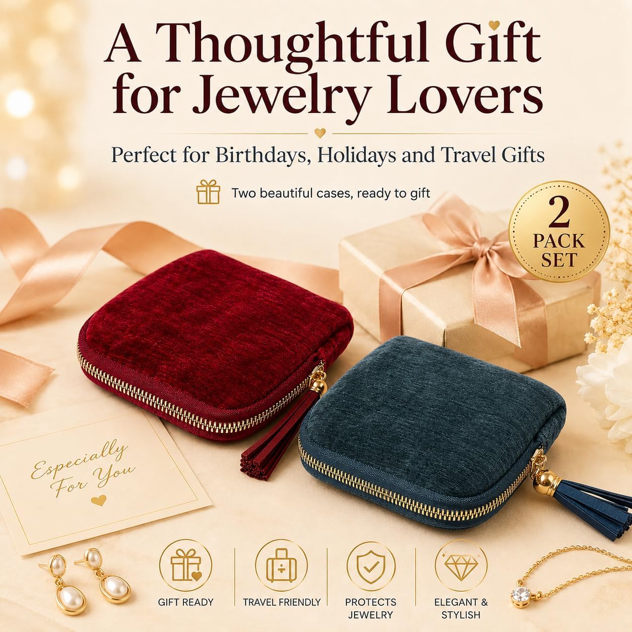 2-Pack Velvet Jewelry Organizer Case - Travel Zipper Pouch with Tassel, 6-Layer Storage for Bracelets, Bangles & Accessories (Red and Green)