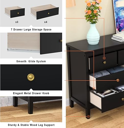 Miniatura 6 de CARPETNAL Cómoda negra para dormitorio cómoda de 7 cajones con cajón ancho y asas de metal cómoda de madera y cómoda para pasillo entrada