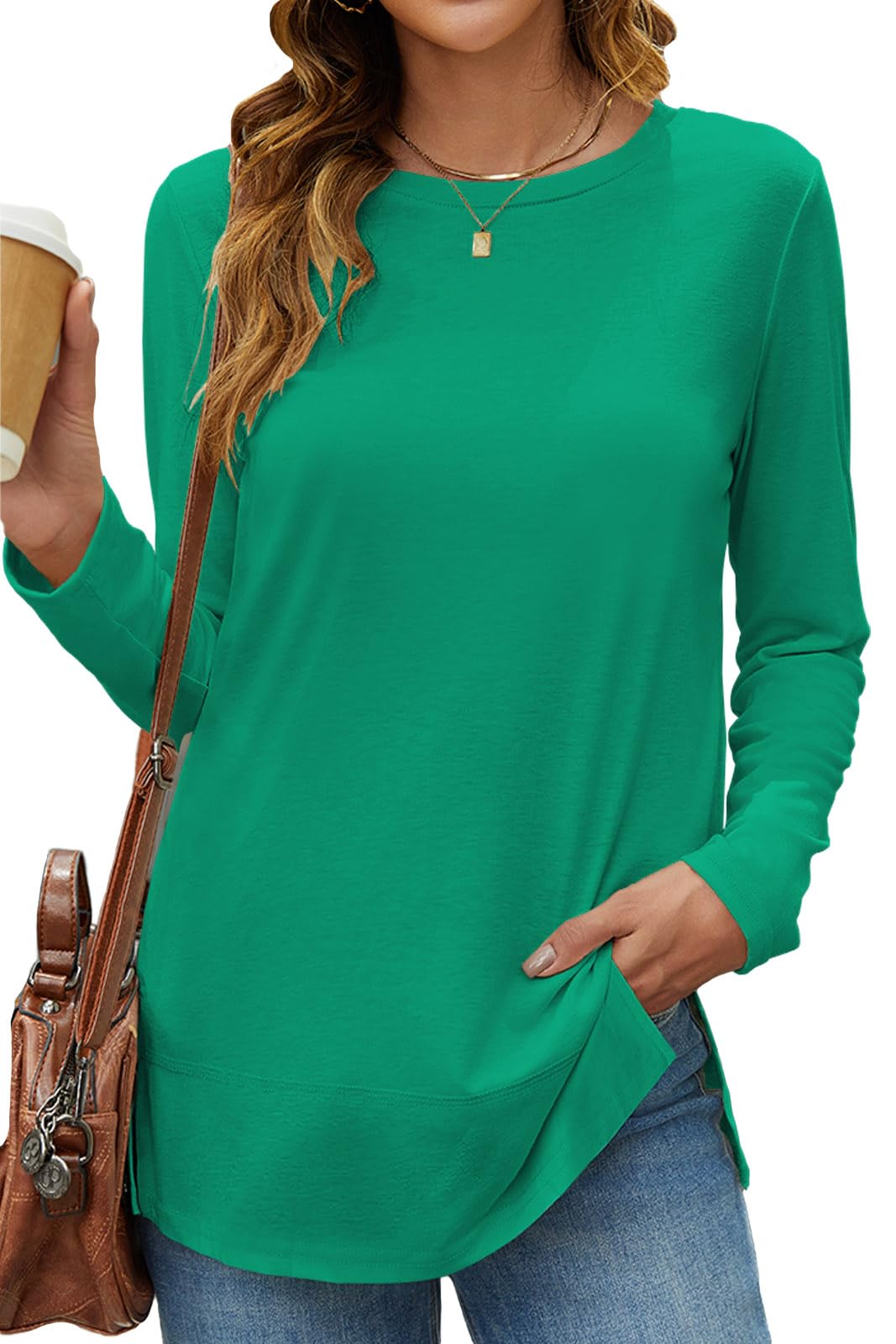 Hount Women's Long Sleeve Tunic Tops 2024 Crew Neck Casual Tops Side Split Shirts