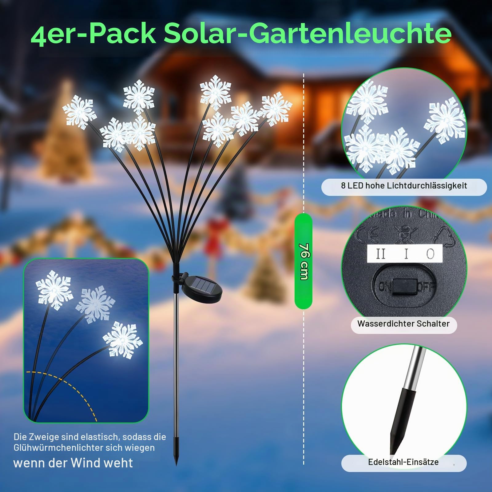 Qoosea Solarleuchten für Außen Garten, 4 Stück Solar Weihnachtsbeleuchtung mit 32 Schneeflocken, Wasserdicht Solarlampen Außen Gartenbeleuchtung Weihnachtsdeko für Weg Hof Garten Deko
