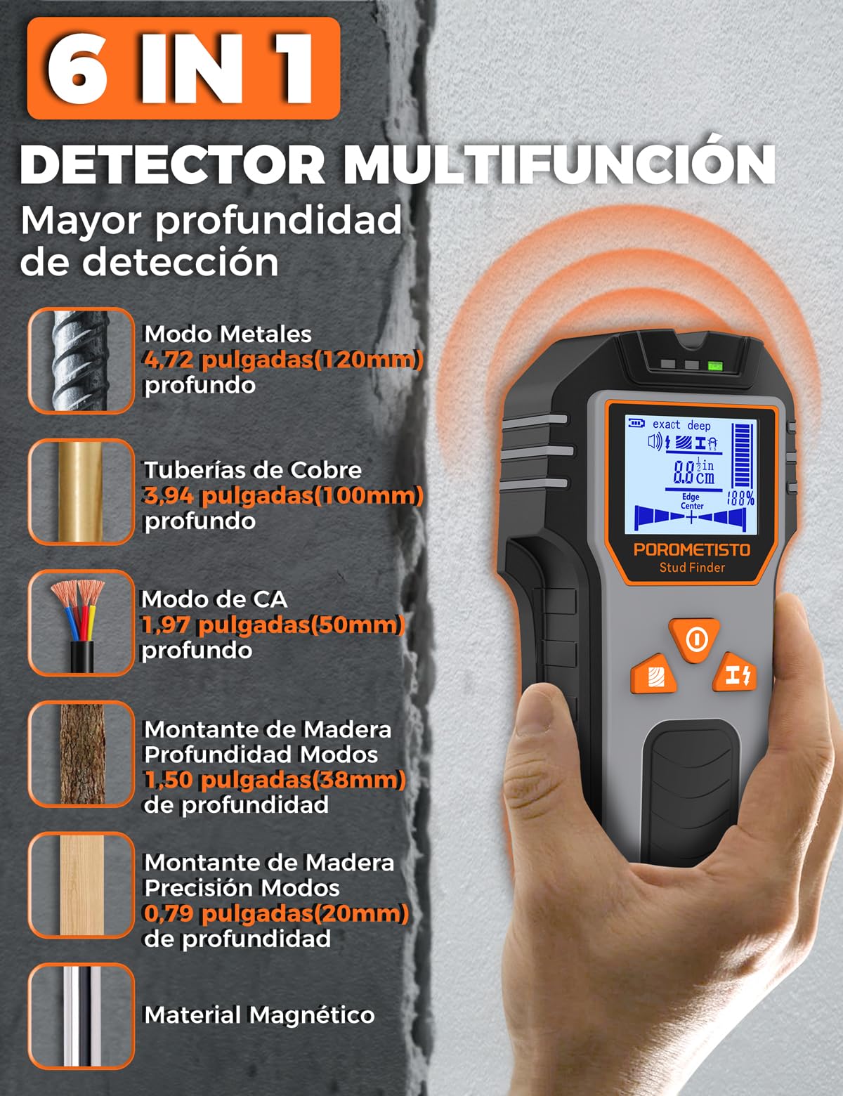 Detector Cables y Tuberias 6 en 1,Profundidad Detección de 20 a 120 mm,Detecta Etales,Tuberías,Tubos de Cobre,Cables,Objetos,Materiales Magnéticos y No Magnéticos,para Profesionales y Bricolaje.