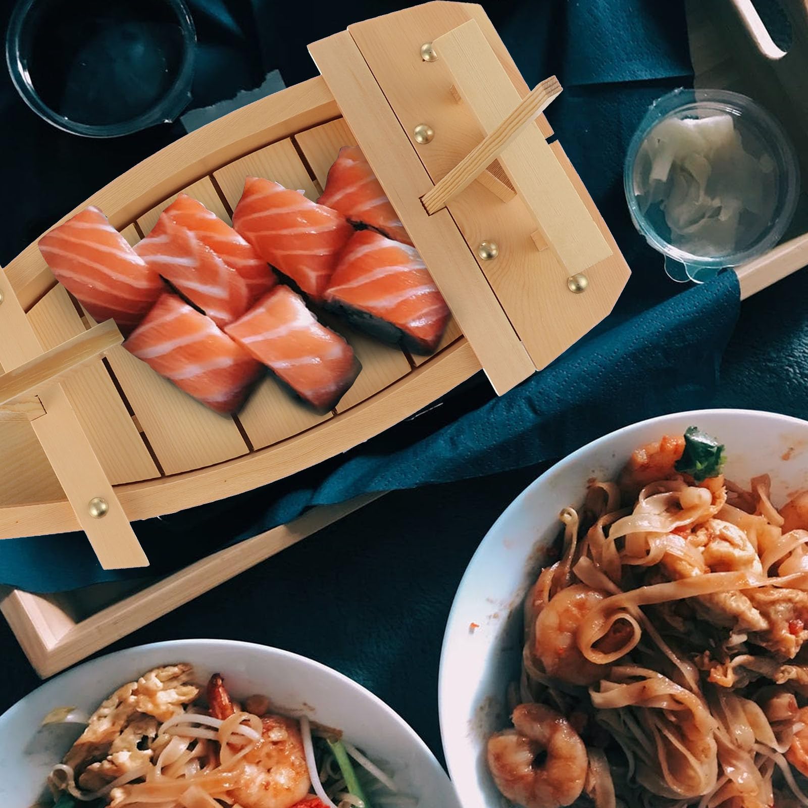 Bandeja para Presentar Sushi y Sashimi Diseño de Barco de Madera Natural para Utensilios de Cocina y Eventos