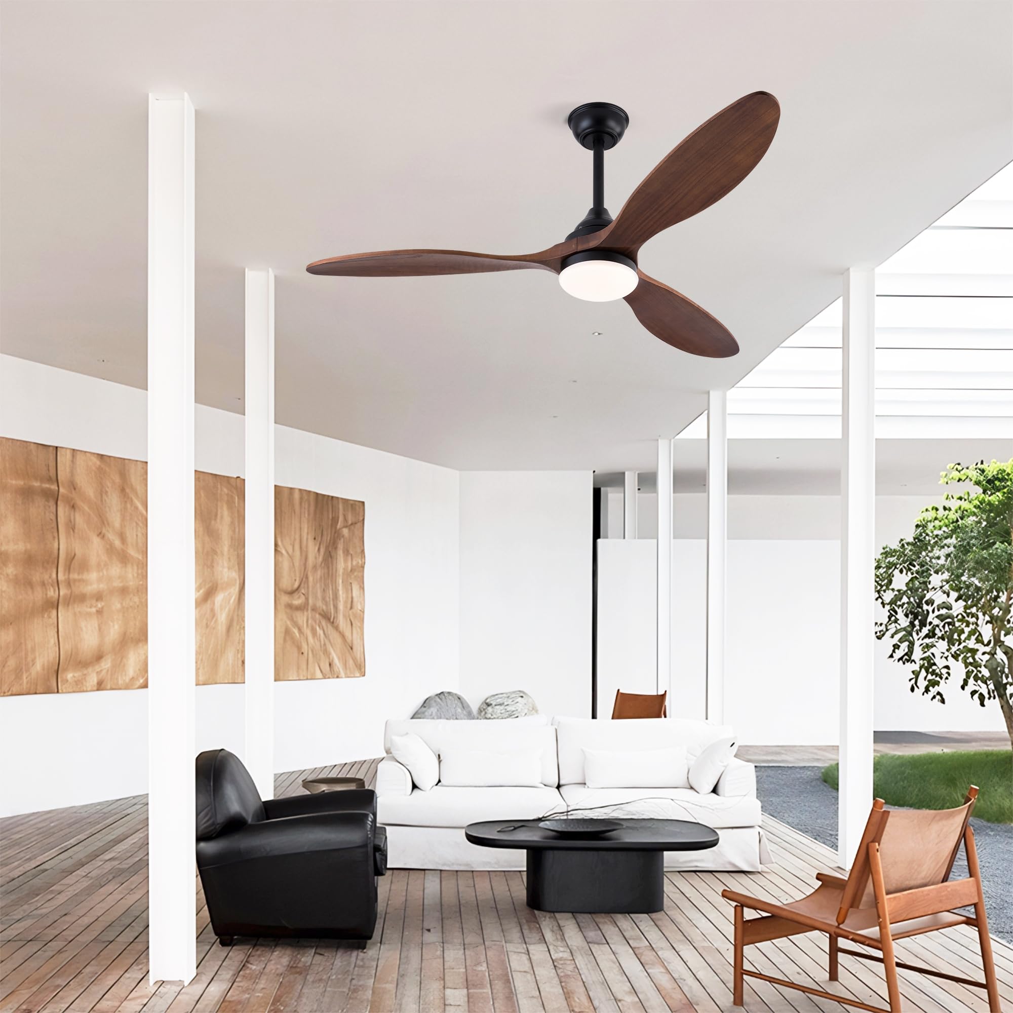 vutizal Ventilador de techo de 132 cm con iluminación, 3 aspas de madera maciza, LED regulable, 3 temperaturas de color, mando a distancia, Windcalm, motor DC silencioso, negro oscuro nogal, lámpara