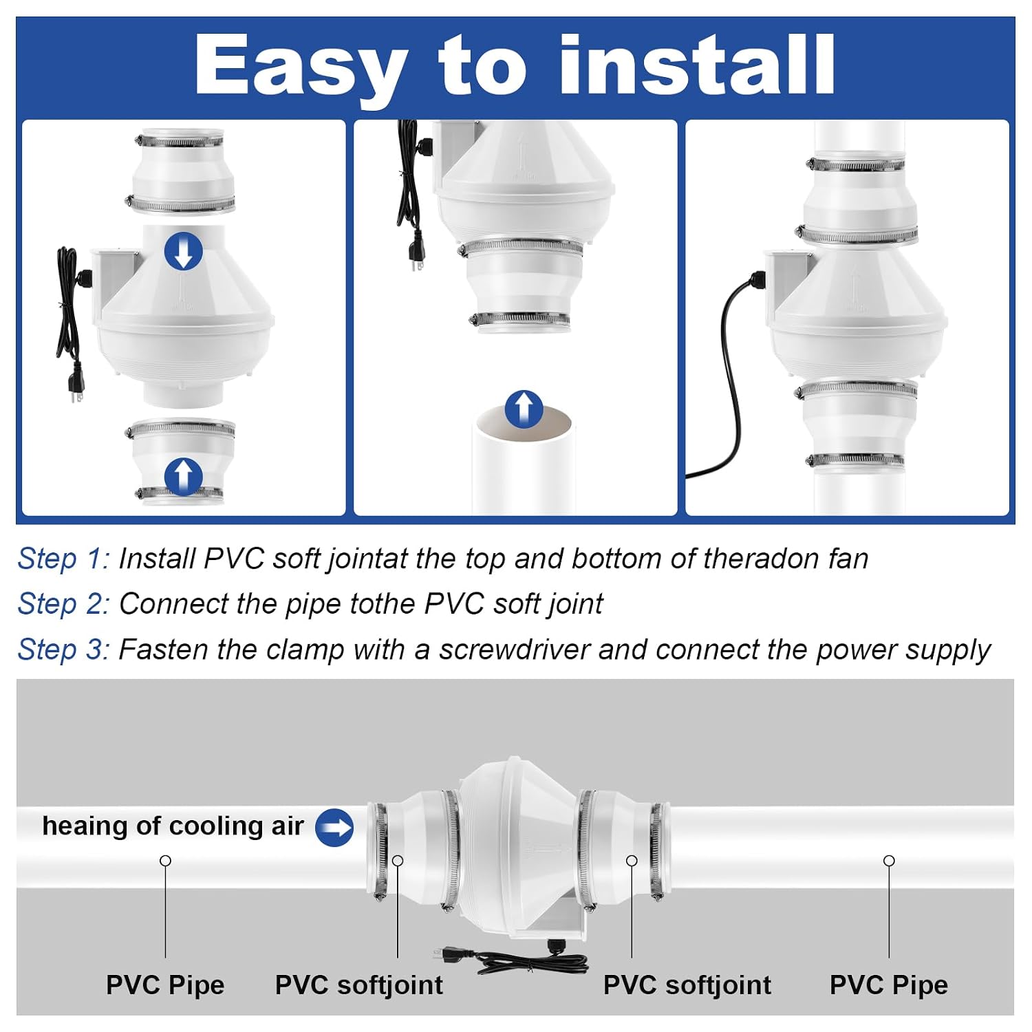 Radon Fan Kit, with Rubber Couplers (4 to 3 Inch，fits 3" PVC), Quiet 260 CFM Quickly Mitigate Radon, Air Pressure Indicator, Ip67 Waterproof, Radon Mitigation System Kit
