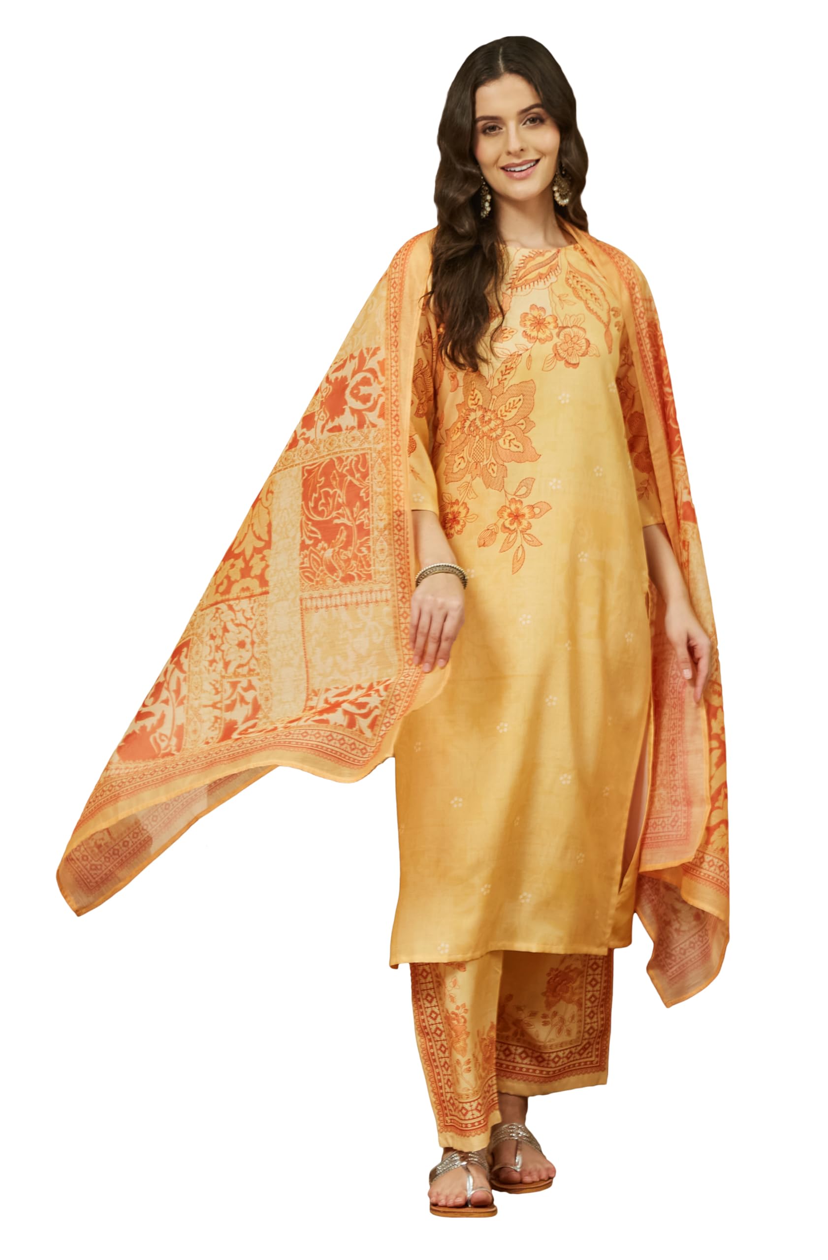 janasya Women's Yellow Cotton Blend Floral Printed Straight Kurta Set-picture-23