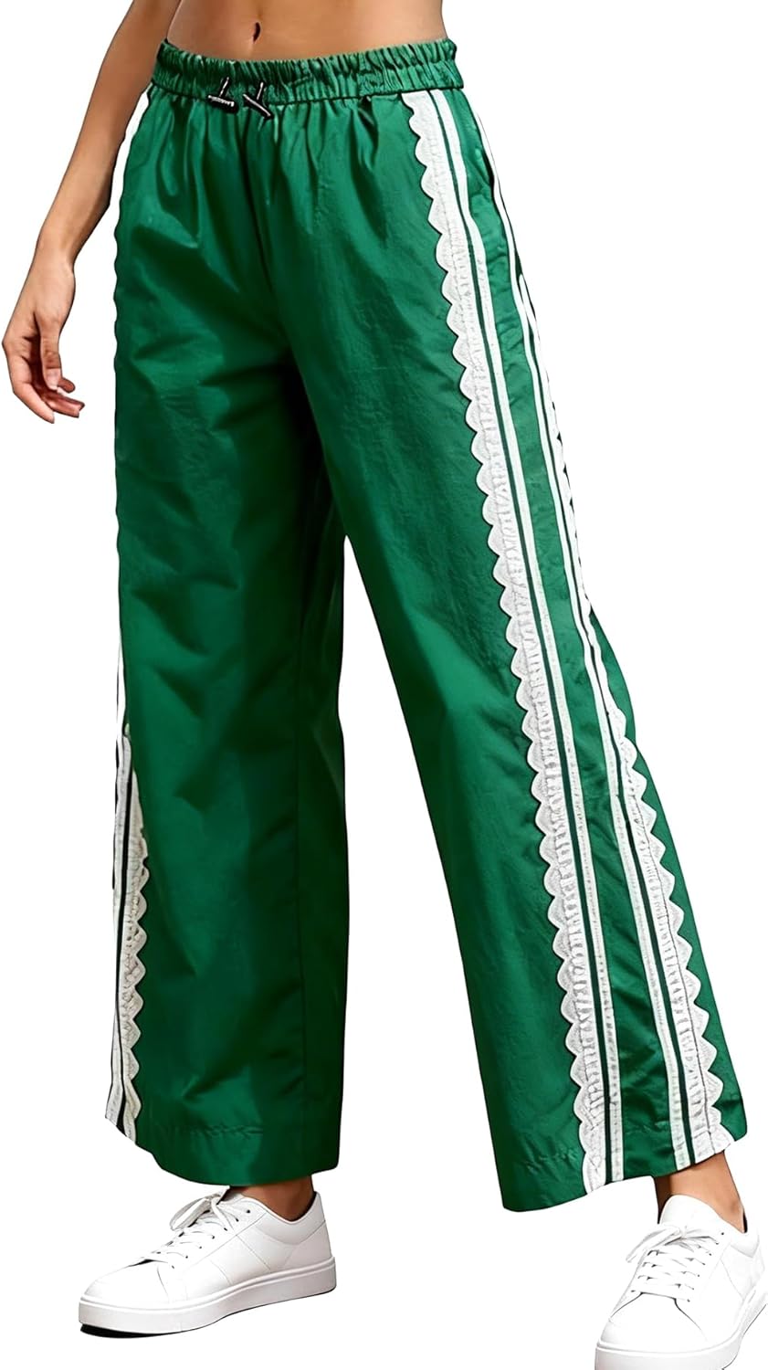Women Baggy Track Pants Wide Leg Barrel Pants Lace Side Drawstring Elastic Y2K Stripe Casual Workout