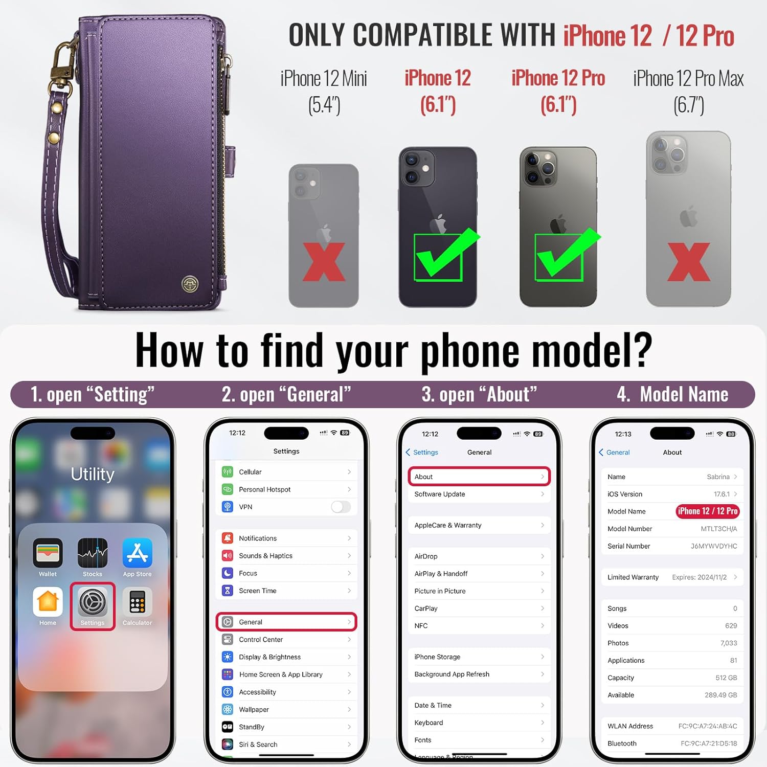 Defencase Compatible with iPhone 12/Pro Case Wallet with RFID Blocking Card Holder for Women Men, PU Leather Magnetic Snap Flip Zipper Strap Wallet Phone Case Fit for iPhone 12 & 12 Pro 6.1", Purple - Image 2