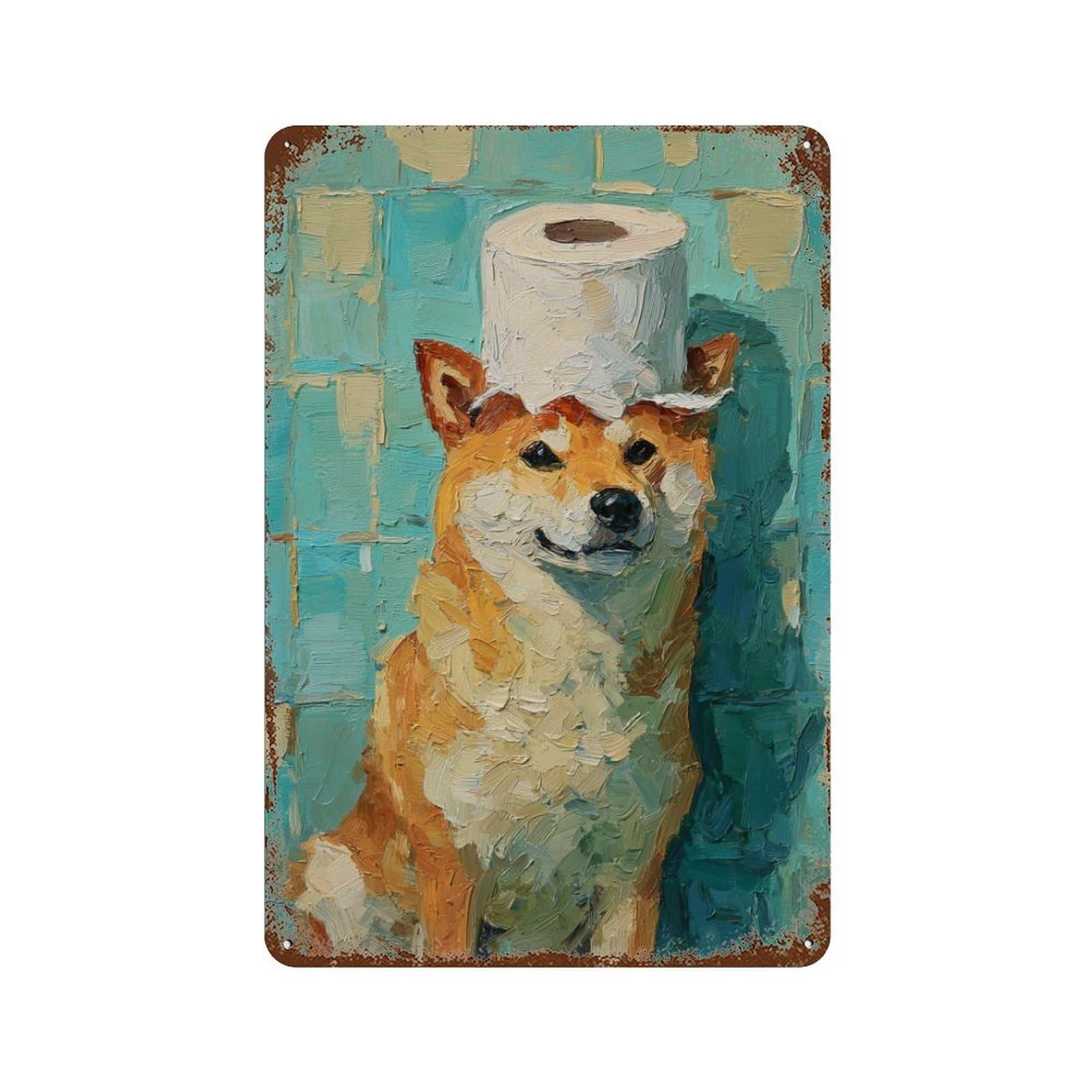 Rust Effect Shiba Inu with Toilet Paper Hat Rusty Metal Tin Sign 11.8"x7.9", Shabby Chic Decor for Garage, Bar And Workshop Decor