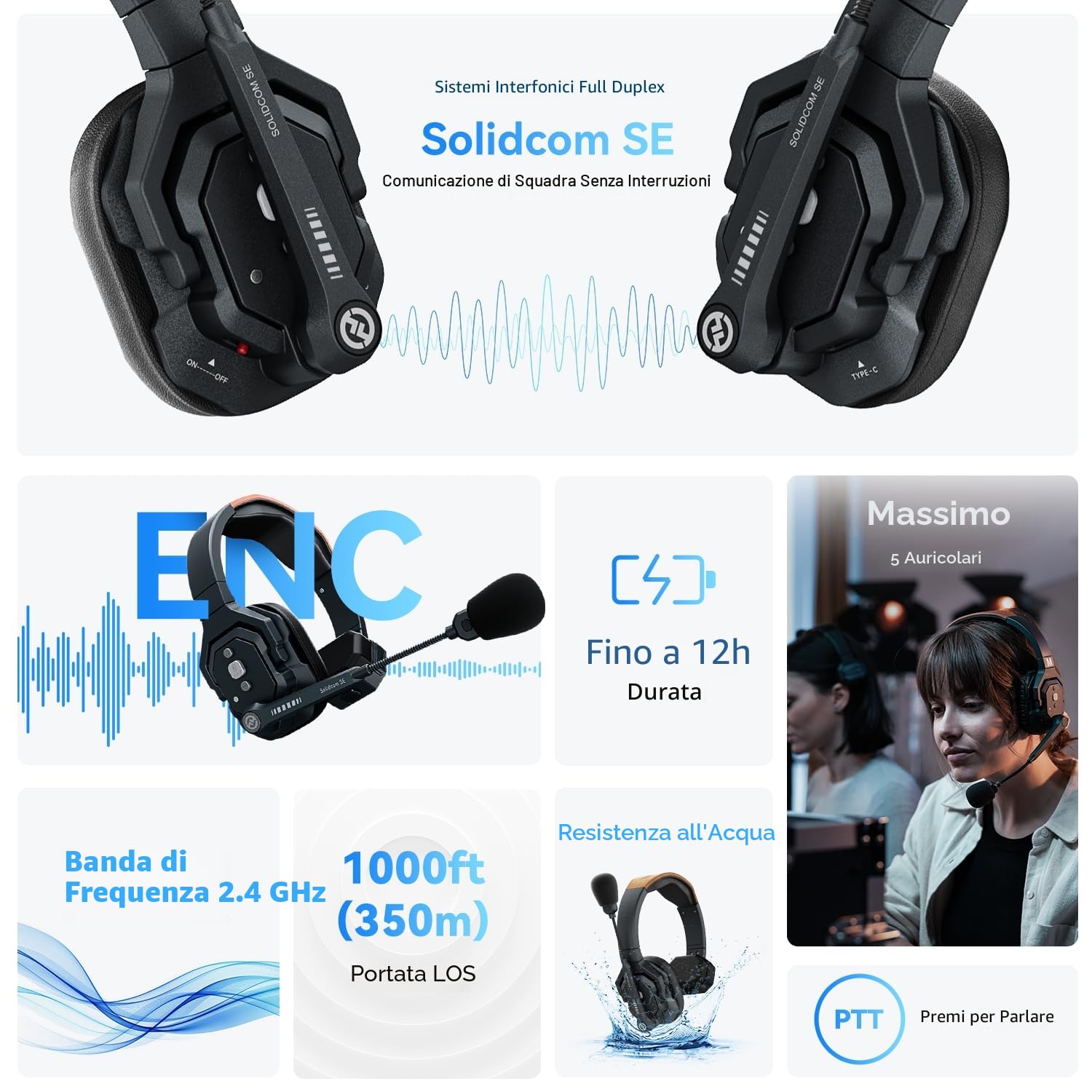 Hollyland Solidcom SE 2.4G Wireless Intercom Headset System Full Duplex 2 User ENC Noise Cancellation 350 m Team Communication with PTT Mute Single Ear Headset for TV Film Production Drone (SE-2S)