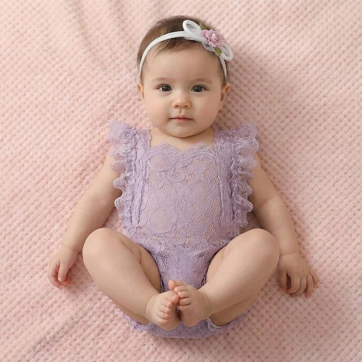 ForBaysy Infant Newborn Photography Props Girl Outfit Lace Romper with Cute Flower Headband Newborn Dress Posing Props