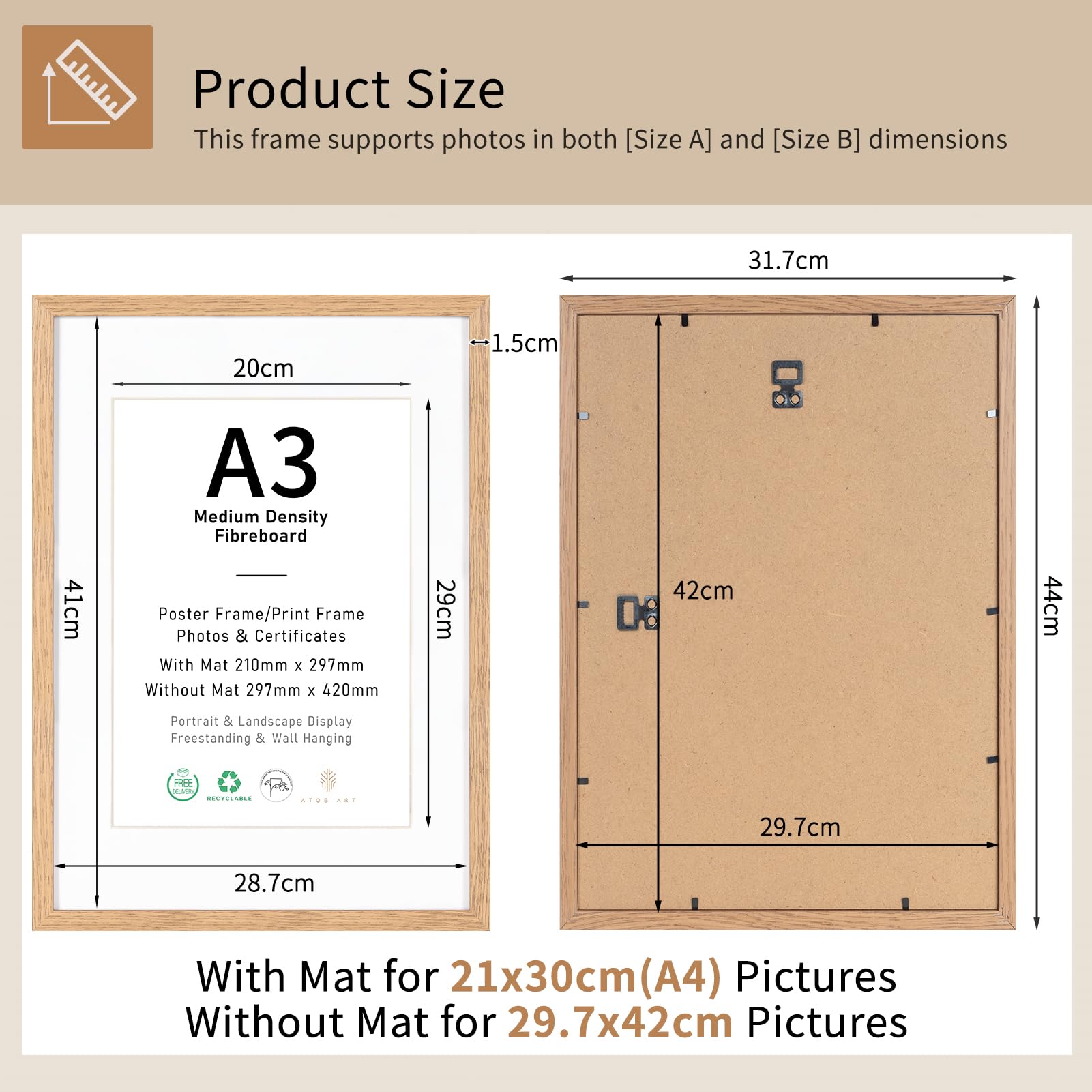 A3 Picture Frame Set of 3, Display A4 with Mat or A3 without Mat, Natural Wood Photo Frames for Wall Mounting or Table Top Display - Image 3