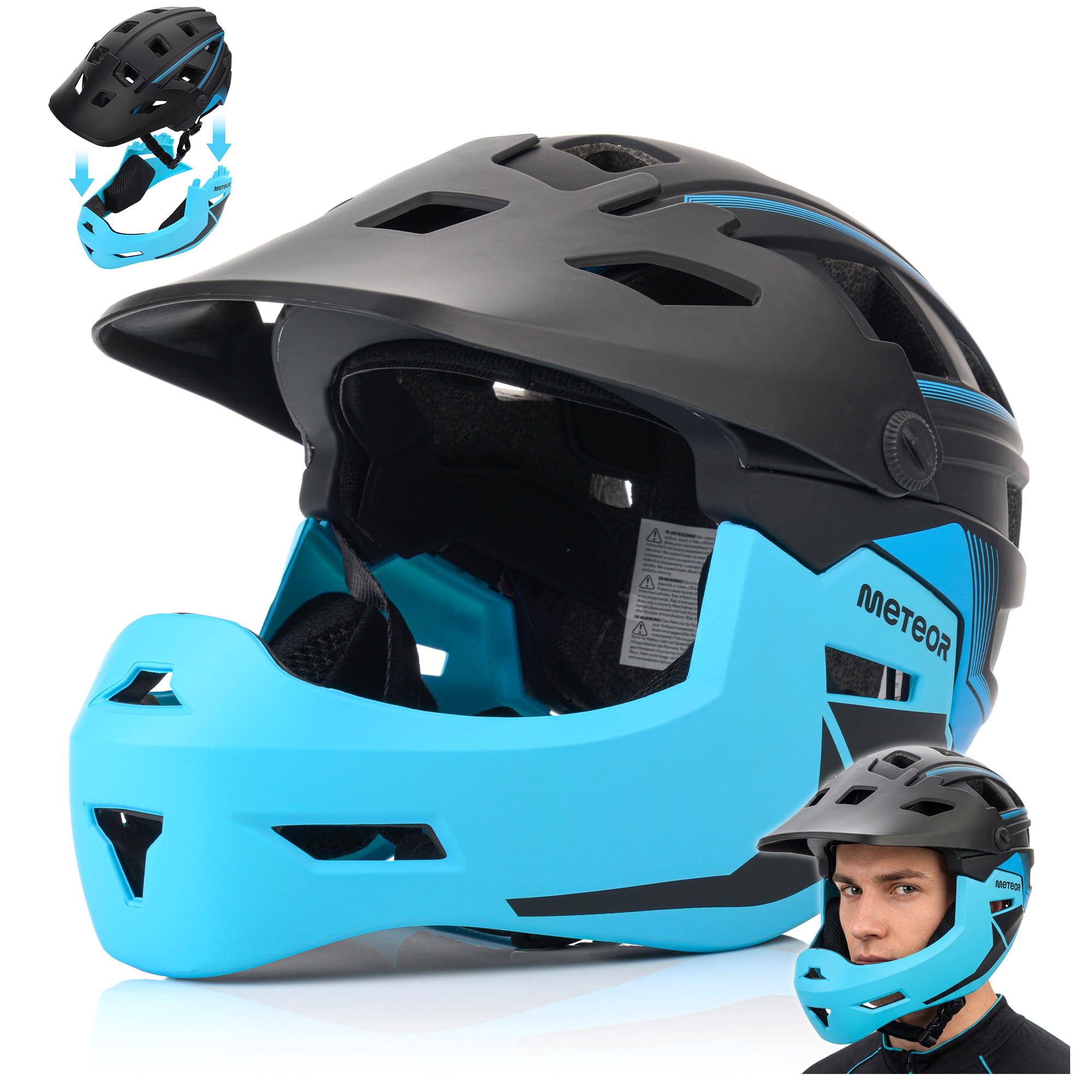 meteor Kask rowerowy full face 2w1 odpinana szczęka dla dzieci i dorosłych | Hydra 2 w 1 z odpinaną szczęką - kask rowerowy full face dla dzieci i dorosłych - EN 1078, lekki - rozmiary S M L