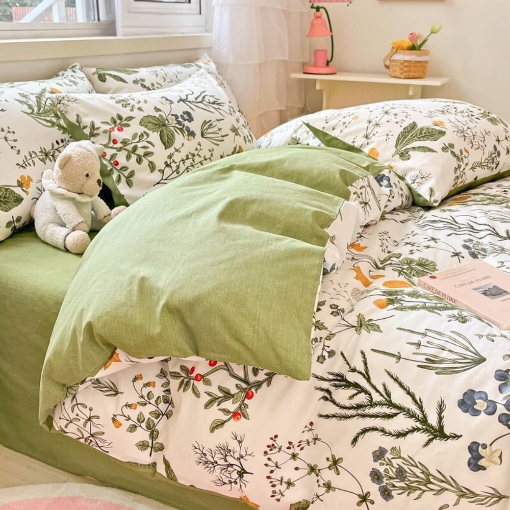 Nayoroom Bettwäsche 135x200 Baumwolle Grün Blumen Blätter Bunt Bettbezug | Frühling,Mädchen,100% Baumwoll,Deckenbezug,Aesthetic,ÖKO-TEX,Landhausstil,Wende,Kissenbezug 80x80 cm,Reißverschluss,2teilig
