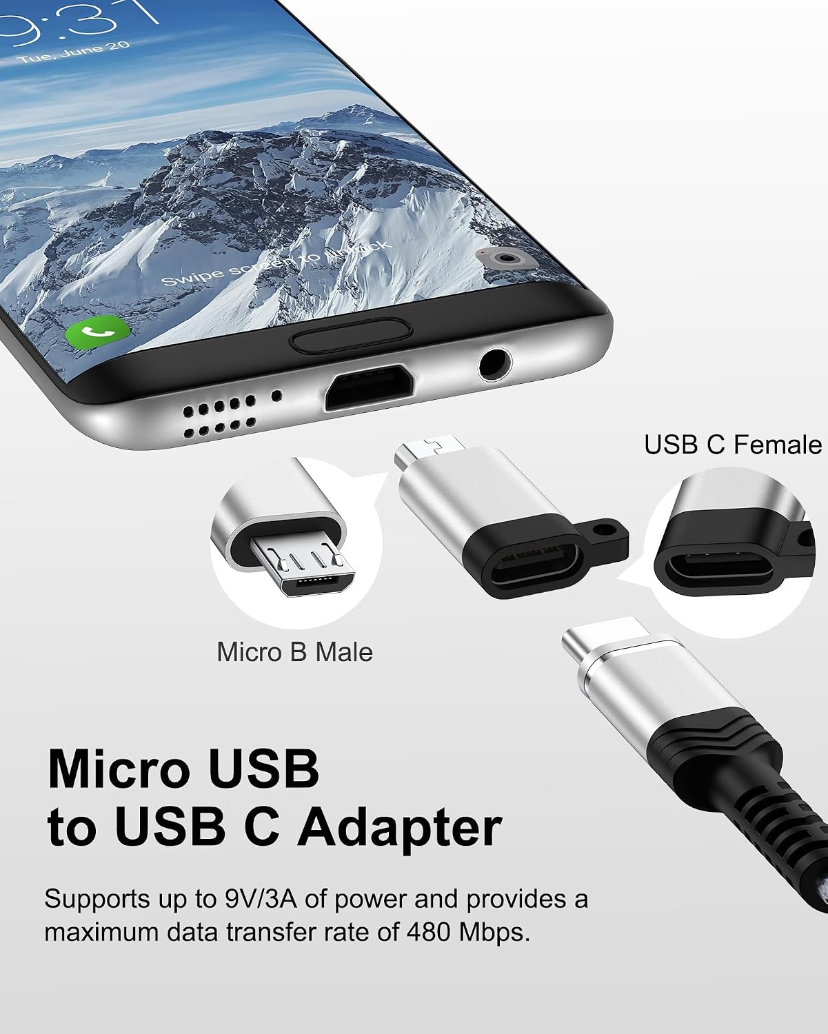 Micro USB to USB C Adapter, 2-Pack Type C Female to Micro USB Male Converter, USB C to Micro USB Adapter Fast Charging & Data Sync Compatible with Samsung A10/A20/J3/J7/S7, Moto E5/G6/G7, LG, TCL