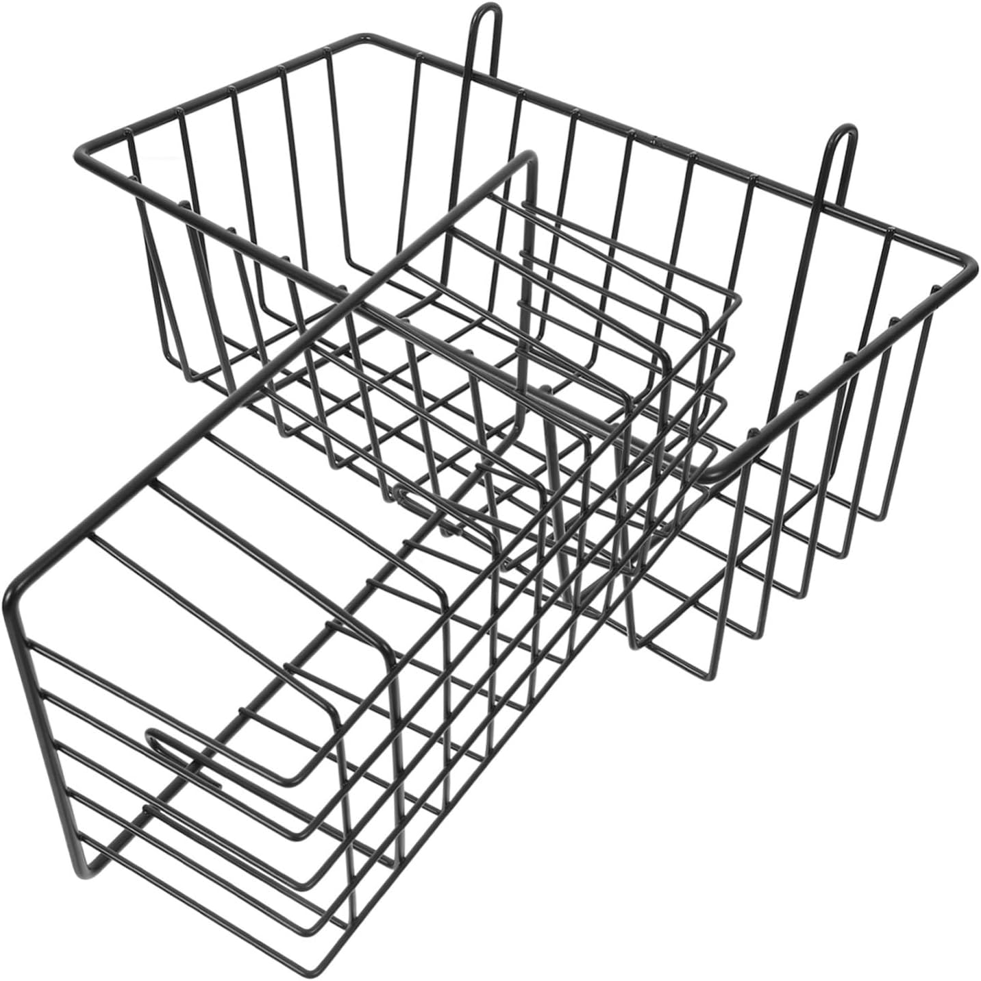 2pcs Black Medium Metal Wire Hanging Baskets for Pegboard Versatile Grid Wall Storage Organizer for Kitchen and Bathroom