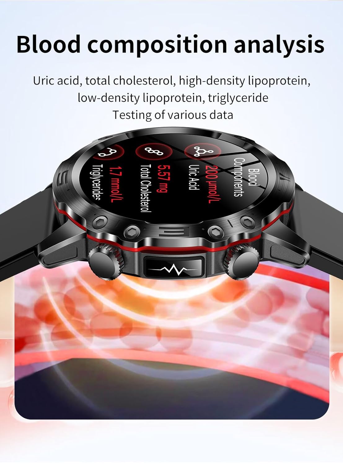 Smartwatch displaying blood composition analysis data