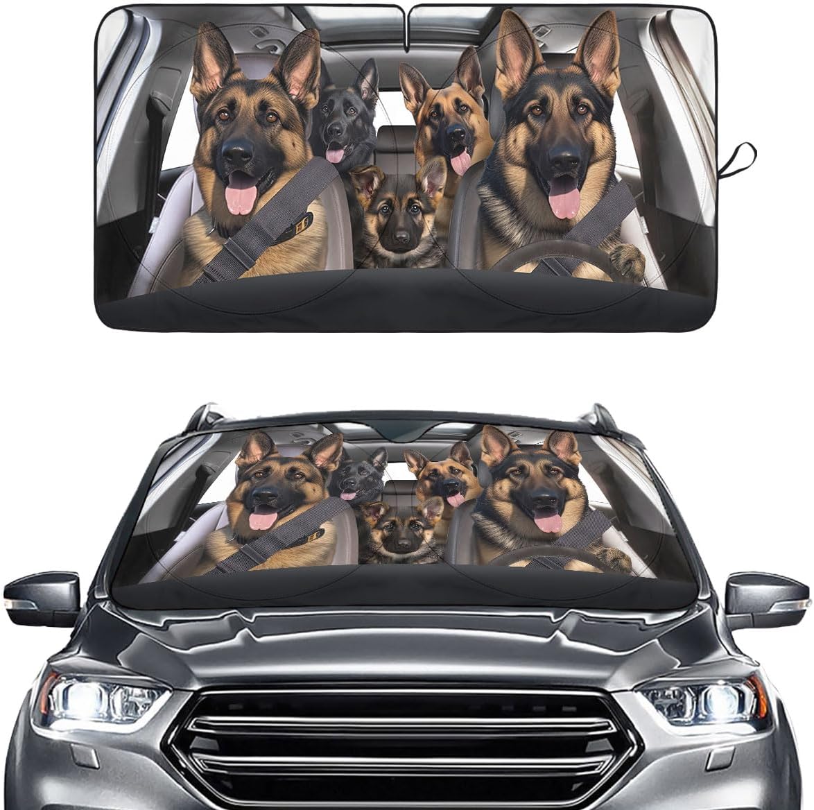 Cute Shepherd Dog Family Funny Windshield Sun Shade for Sedan SUV Truck (64×32 Inches), Automobile Sunshade, Spring Car Decor