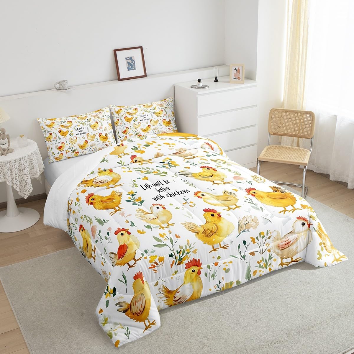 Feelyou Cute Chicken Comforter Set Queen Size Kids Farm Animal Bedding Set for Boys Girls Teens Farm Nursery Decor Comforter Rustic Farmhouse Duvet Set Funny Country Theme Quilt Set