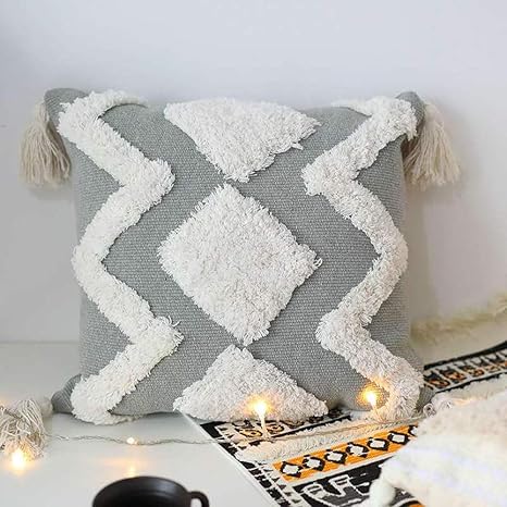 Amazon Co Jp Perle クッションカバー 50 50cm 2枚セット 北欧 綿 フリンジ モロッカン シンプル おしゃれ ルーム インテリア ソファー 車 椅子 グレー50cm 2 ホーム キッチン