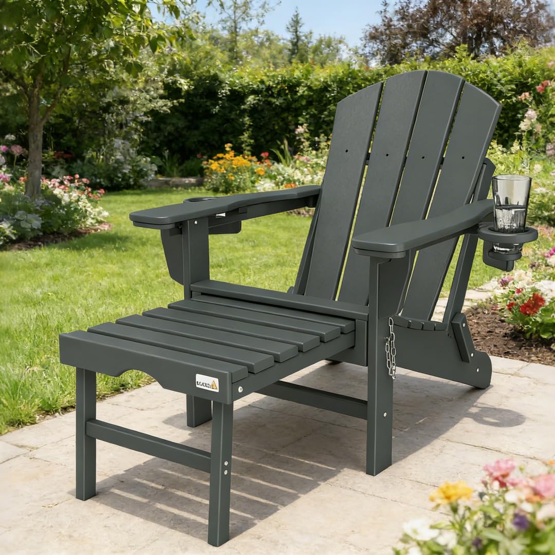 Mdeam Adirondack Stuhl Klappbar, Gartenstuhl mit Verstellbarer Rückenlehne & Fußstütze für Garten Terrasse, Adirondack Chair mit 2 Getränkehalter, Wetterfestes HDPE, Grau