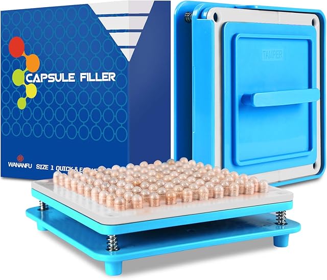 WANANFU Capsule Filling Machine for Size 1 Empty Capsules Vegetarian or Gelatin, Detailed Instructions and Spoon Included
