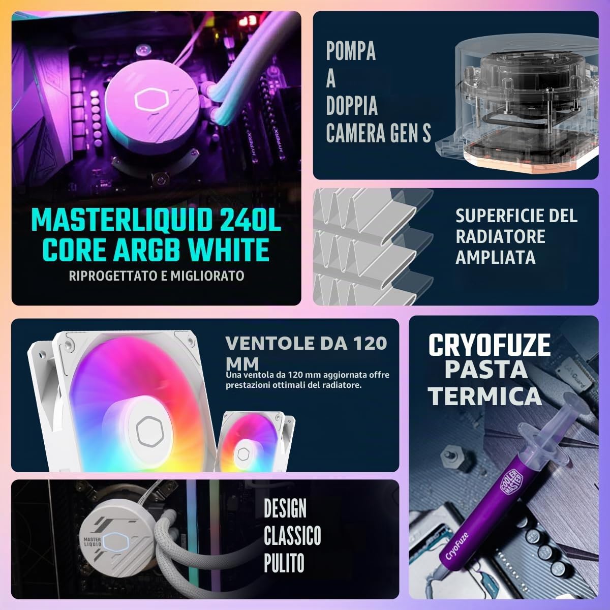 Cooler Master MasterLiquid 240L Core ARGB Dissipatore a Liquido per CPU - Pompa Gen S a Doppia Camera, Radiatore Superiore e Ventole ARGB da 120 mm, Staffe LGA 1700 e AM5 - Bianco