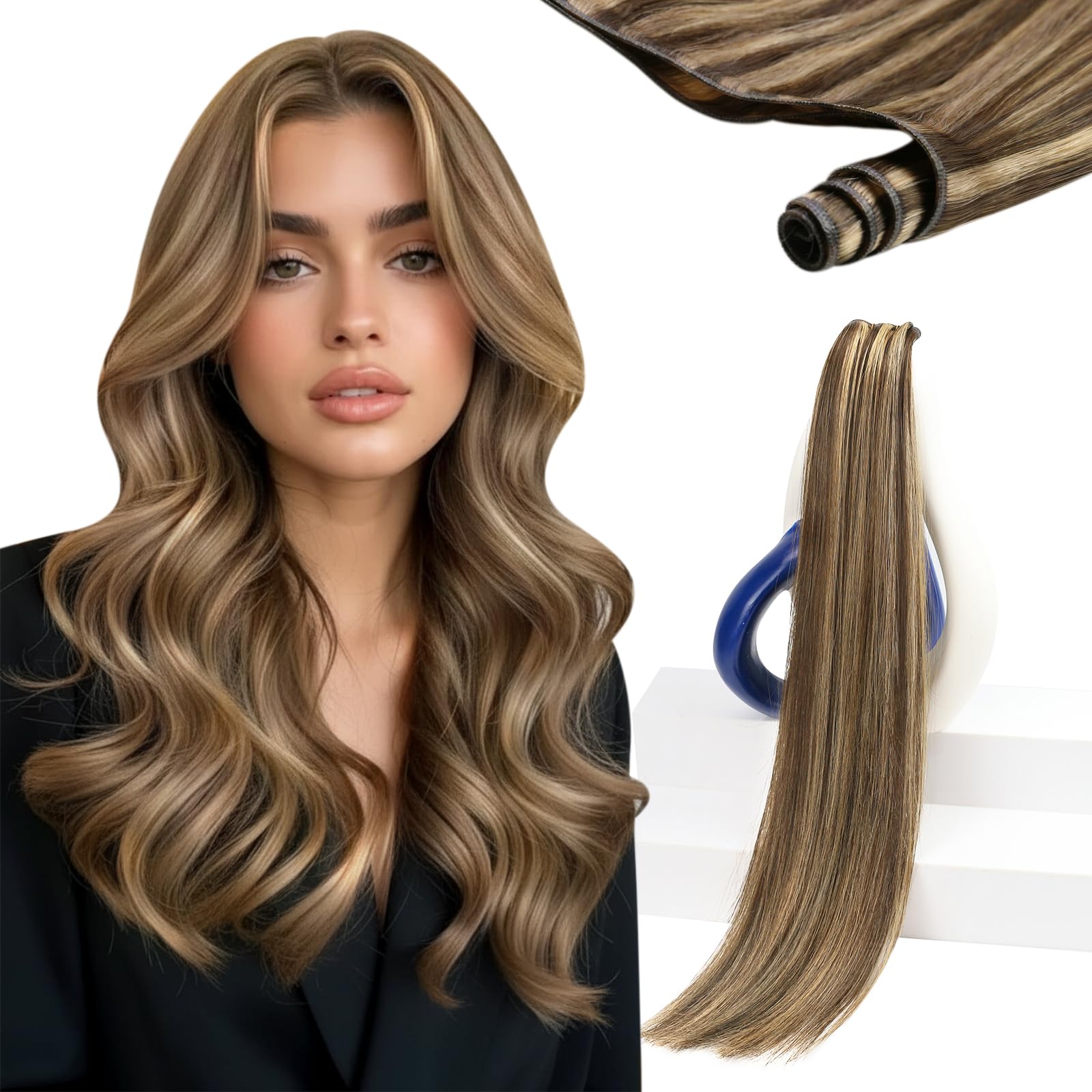 Sunny Hair 24 Inch Genius Weft Hair Extensions Highlights Genius Hand Tied Hair Extensions Dark Brown Mix Caramel Blonde For Women Instant Length