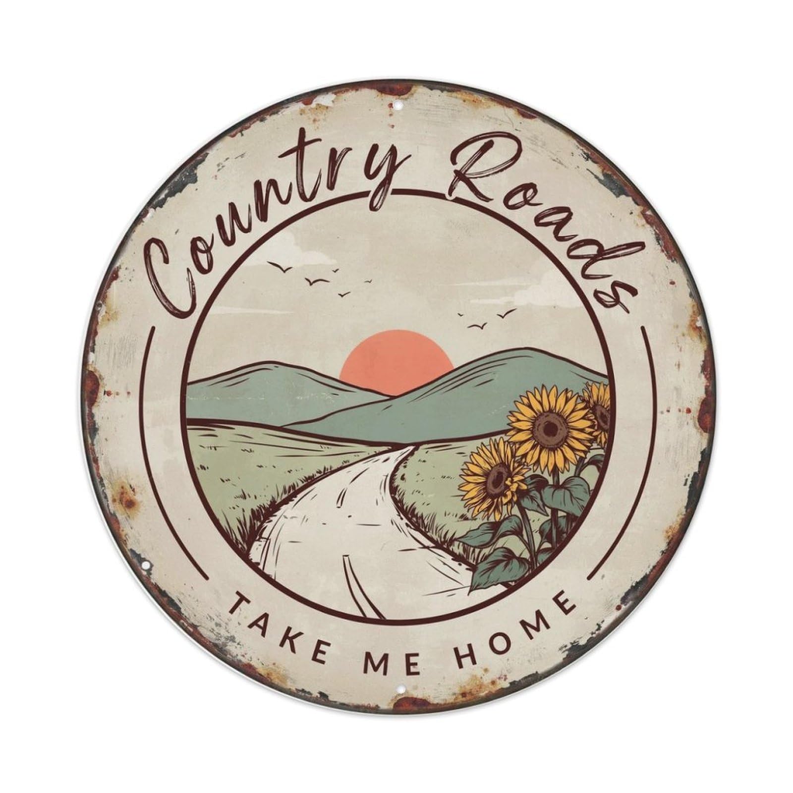 Country Roads Country Hand Drawn Metal Tin Sign Plaque