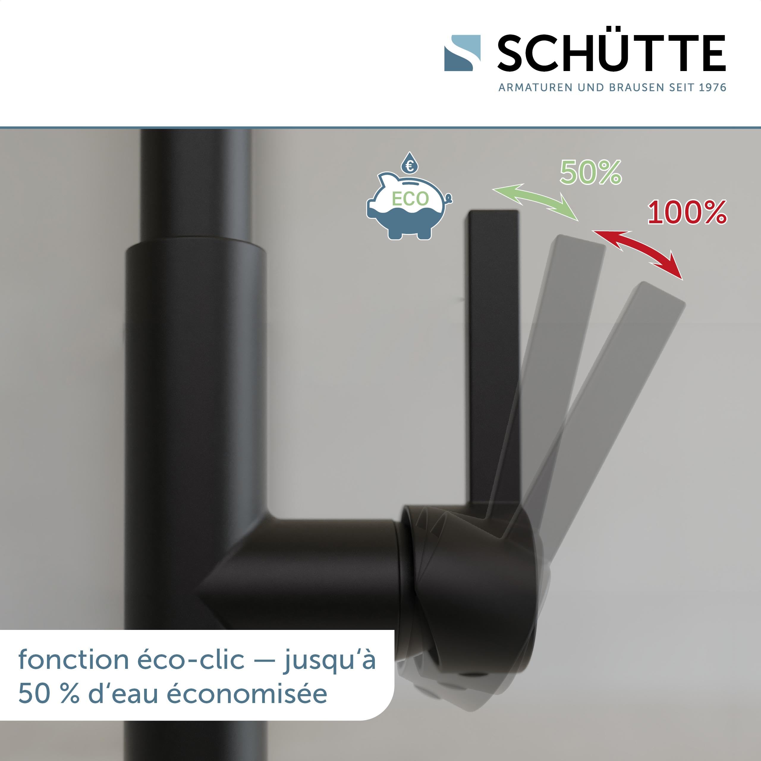 Schütte Glasgow Robinet de Cuisine Flexible - Eco-Click, Pivotant 360° | Robinet mitigeur cuisine noir, tuyau robinet doux au toucher, démarrage à froid économe, kit de montage inclus