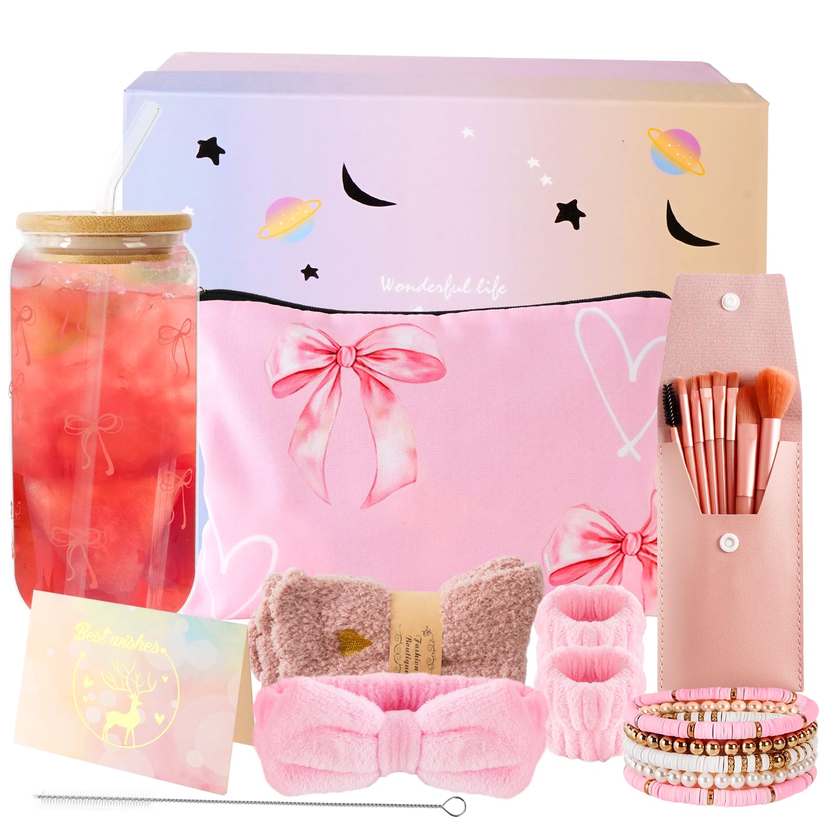 Regalos para niñas adolescentes de 9 a 16 años, regalo de cumpleaños para niñas, vaso de cristal, vaso con pajita y tapa, pincel de maquillaje, neceser de maquillaje, pulsera, calcetines