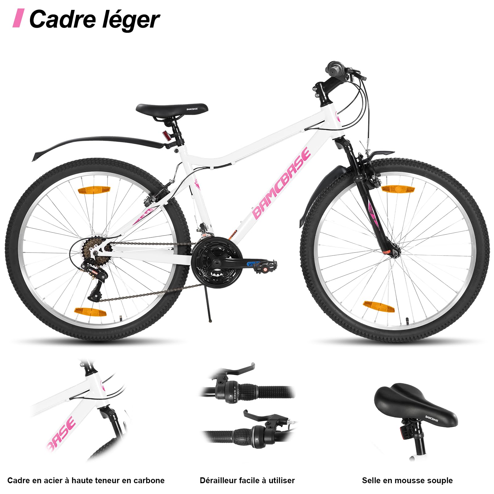 VTT Femme HILAND 26 Pouces – 18 Vitesses, Cadre Acier Haut Carbone, Freins Disque, Fourche Suspendue, Vert/Rose