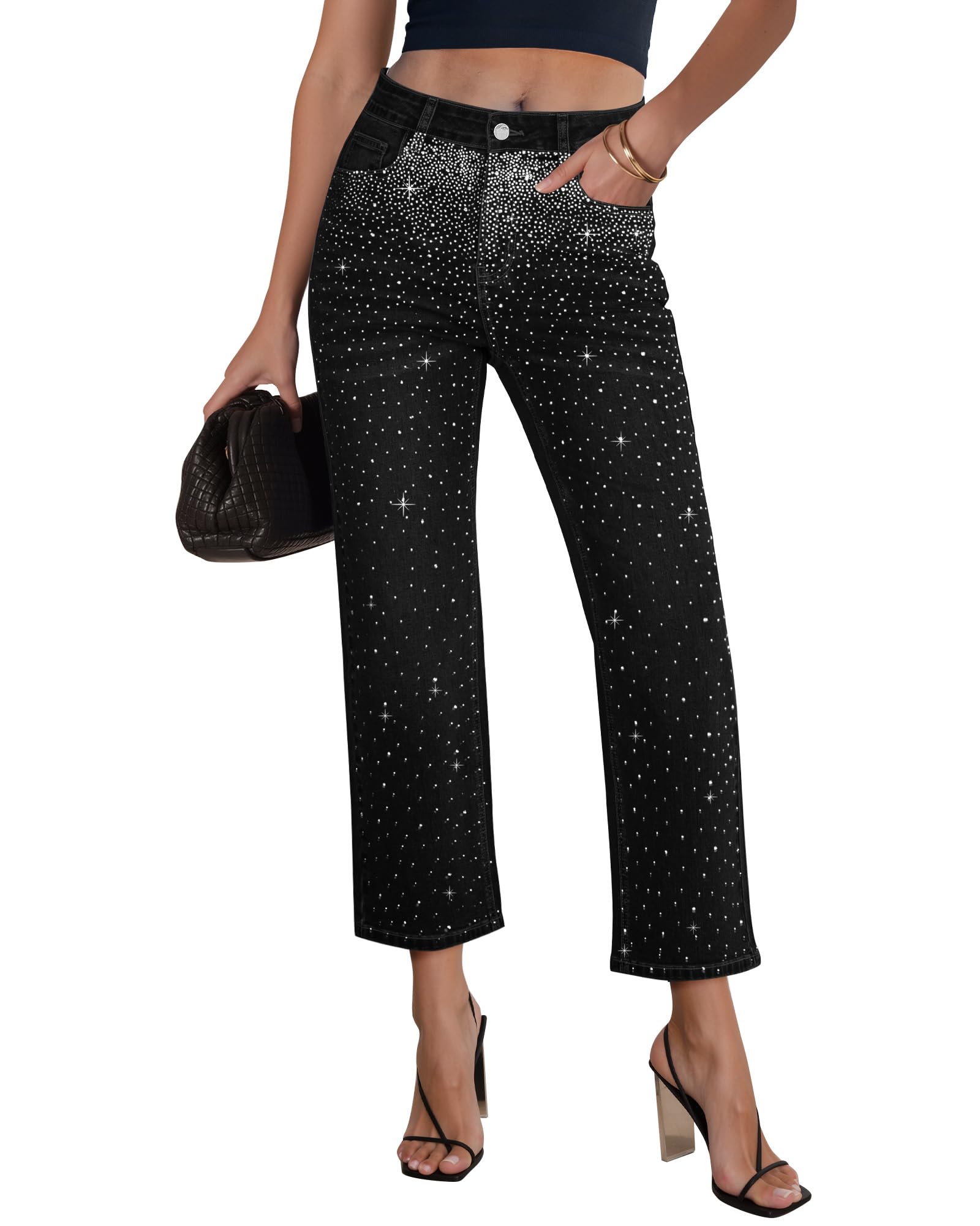 GRAPENT Cropped Jeans for Women High Waisted Straight Leg Embellished Rhinestone Concert Party Night Out Sparkly Jeans