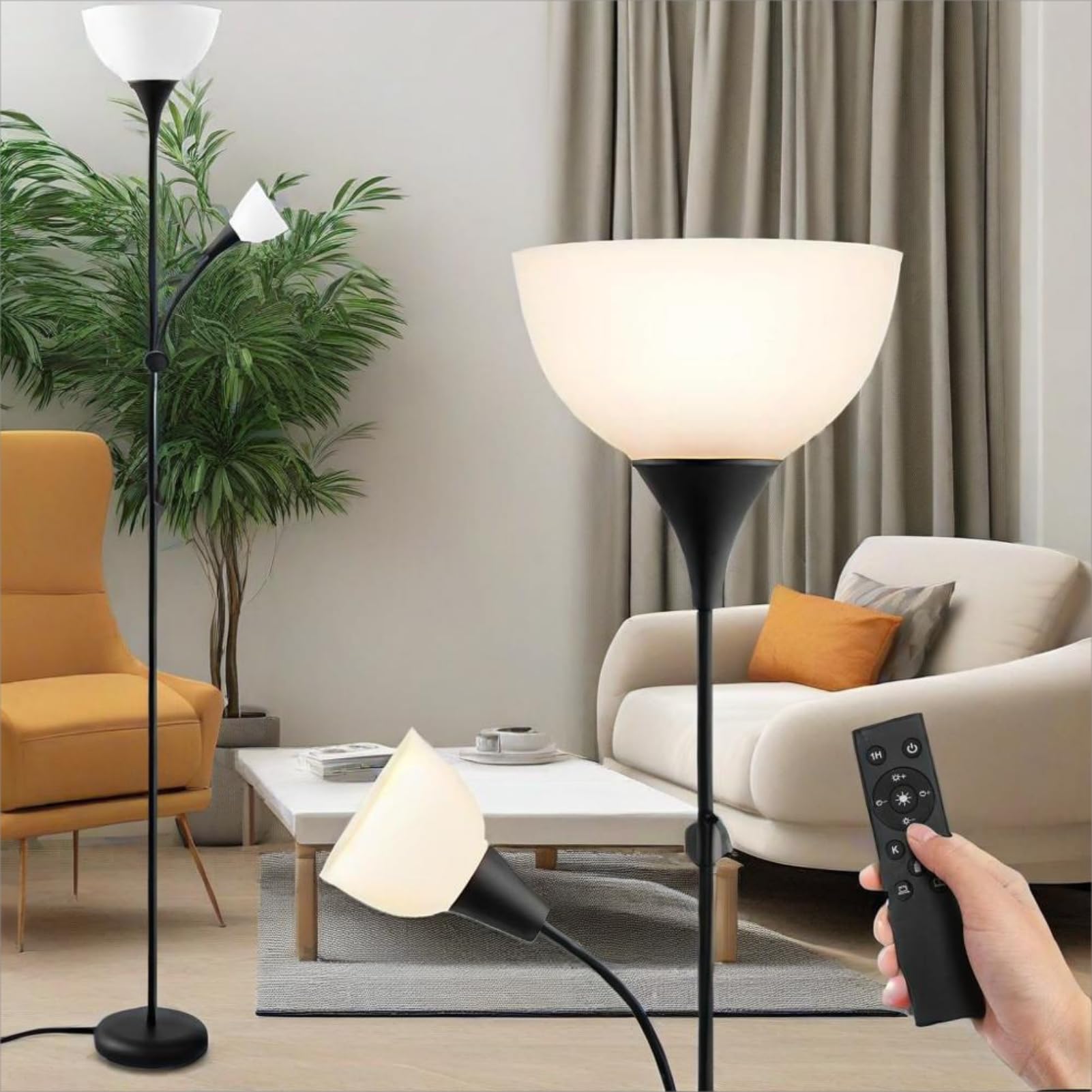 INMOZATA Floor lamp, Remote Control Standing Lamps, Stepless Dimming Mother and Child Lamp, Uplighter Floor Lamp with Reading Lamp, Tall Standing Lamp for Living Room, Bedroom, Office (Black)